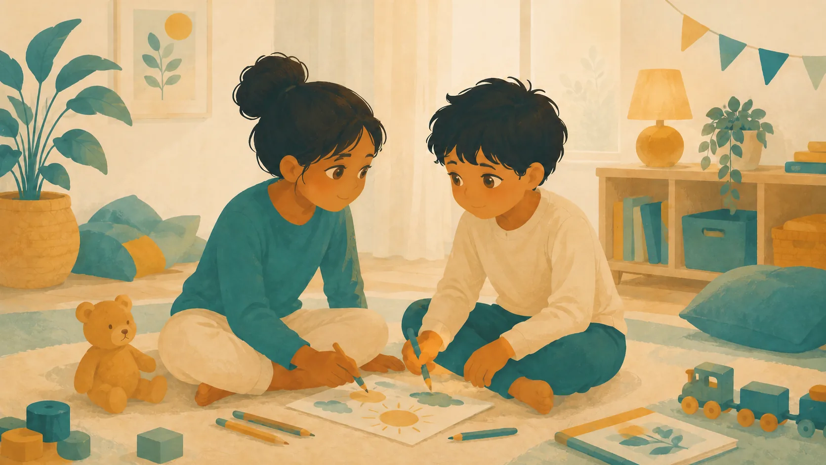 Two children sit on the floor and draw together.