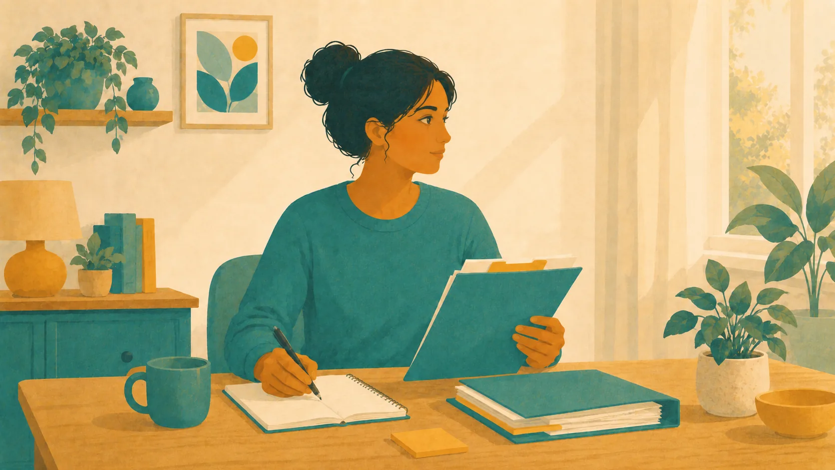 A parent compares papers in a folder while making notes at a kitchen table.