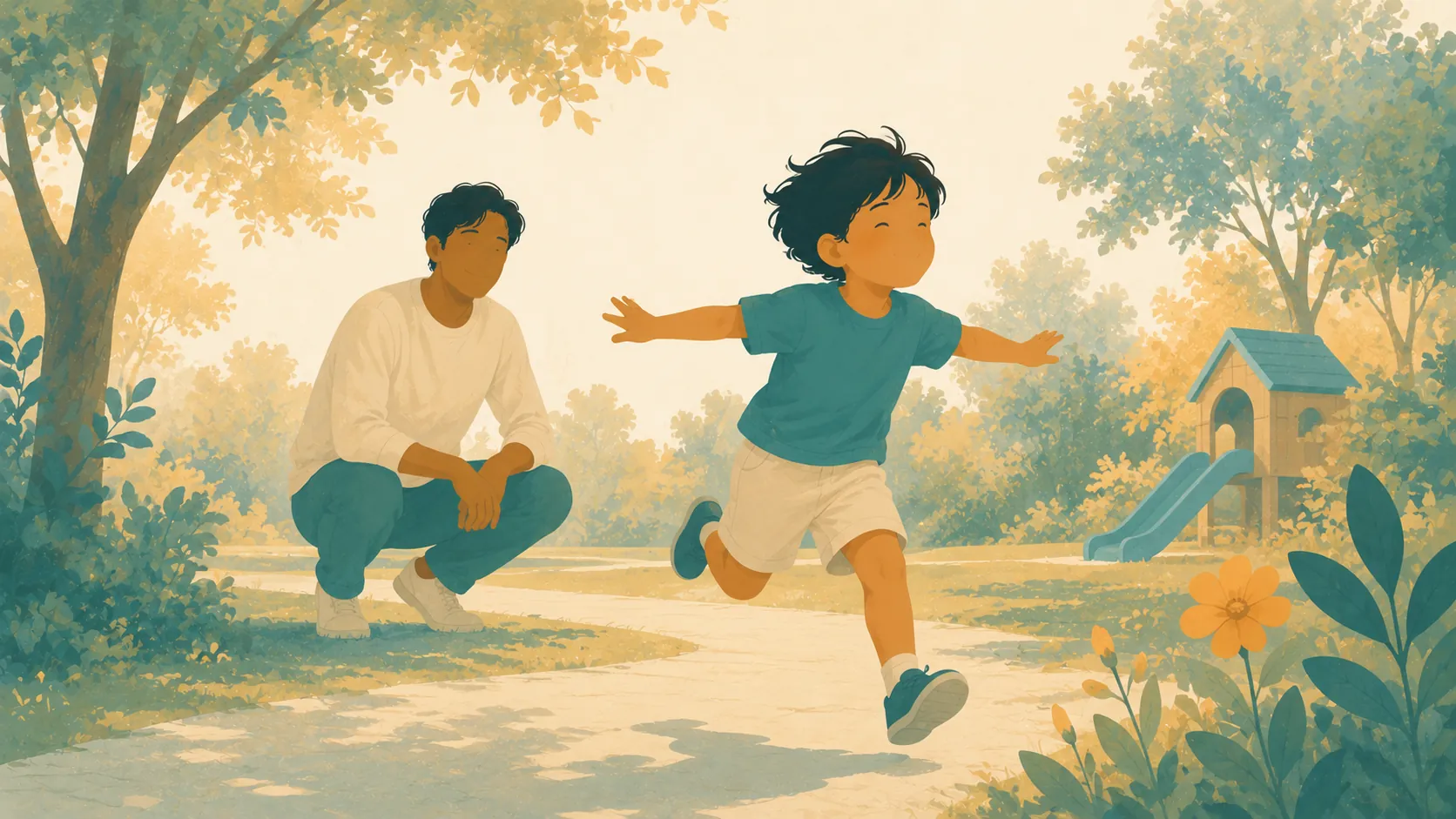 A child runs along a park path while a parent watches nearby.