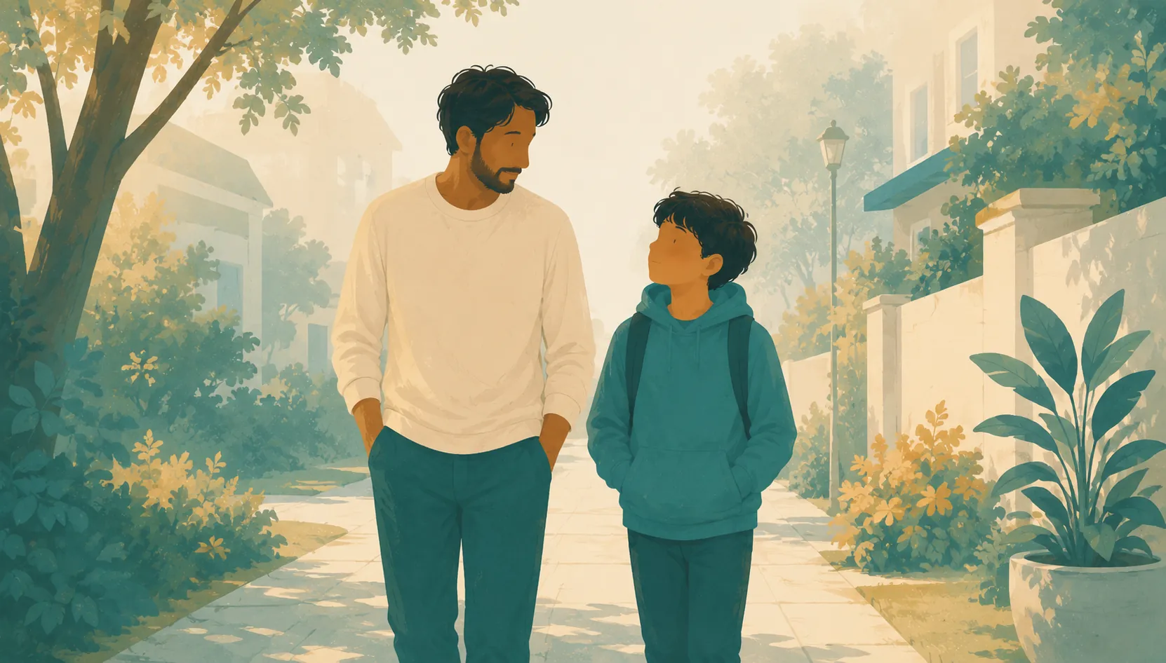 A parent and older child walk and talk together on a quiet street.