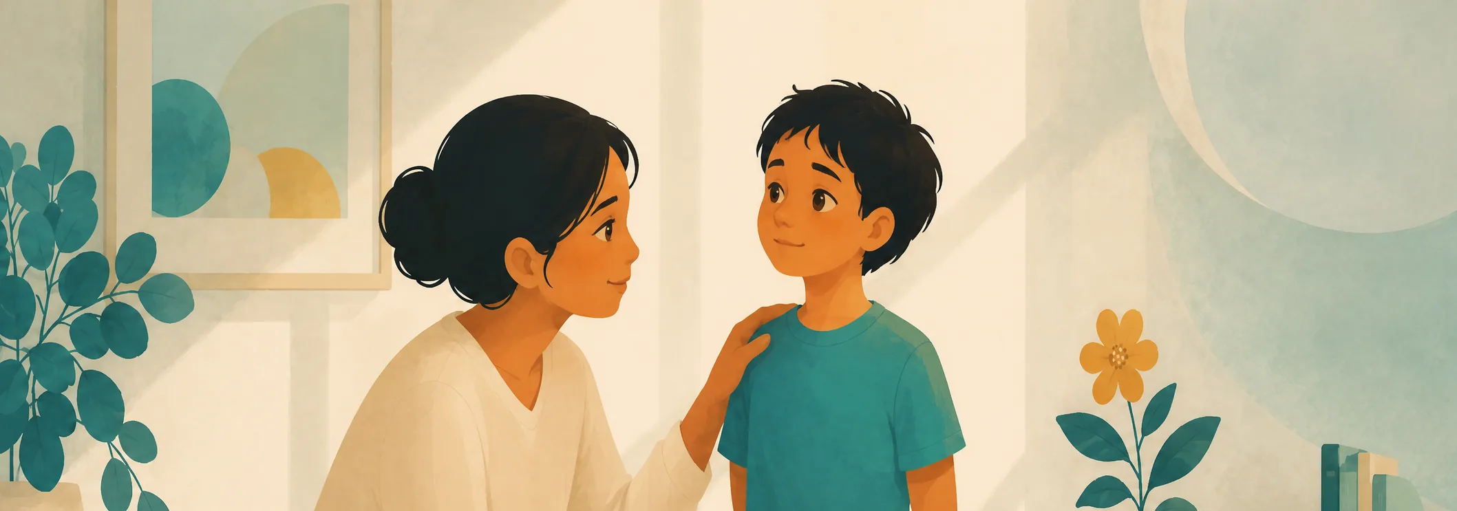 A child standing tall beside a supportive parent, a small plant in bloom nearby.
