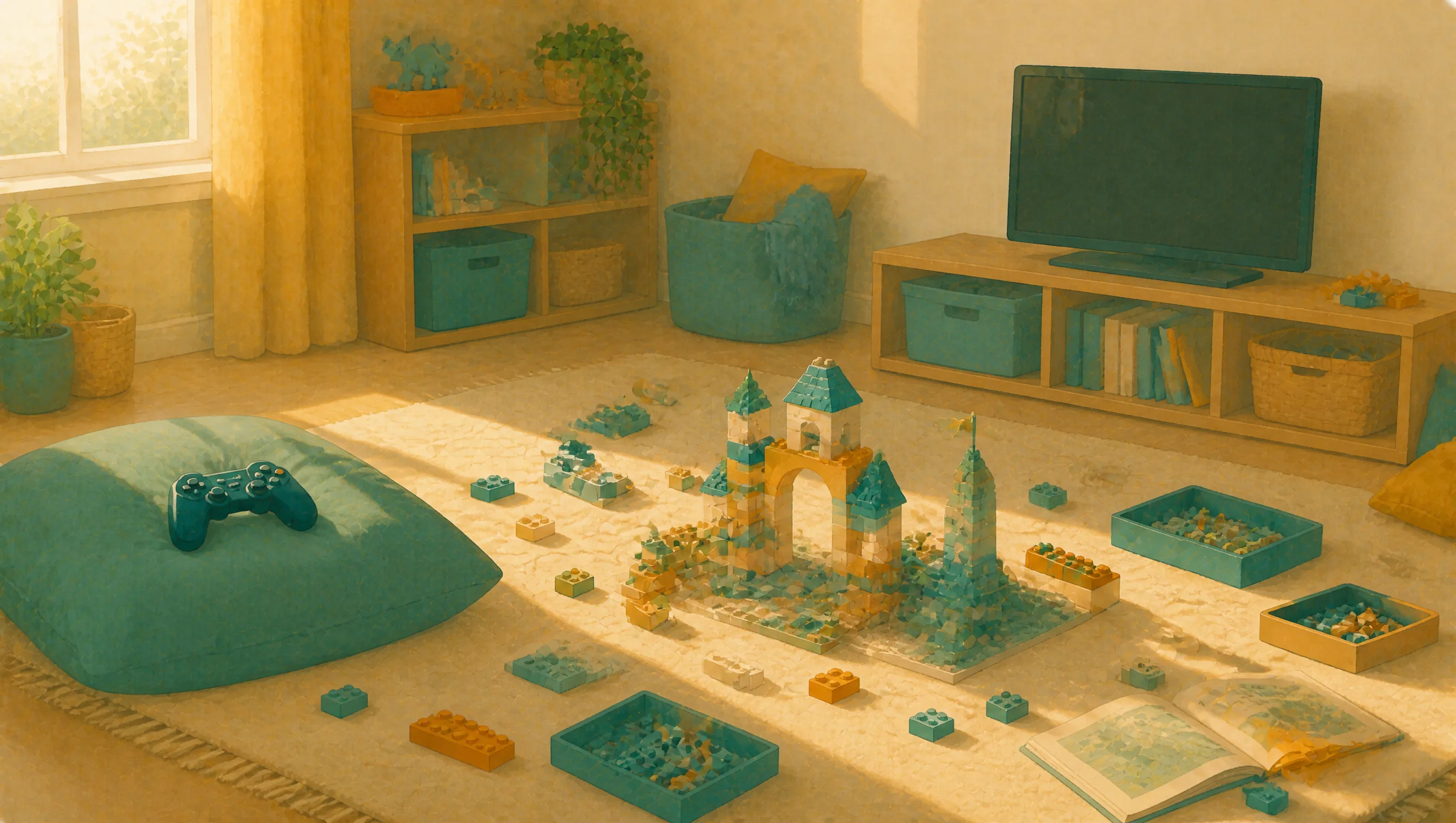 An empty playroom with a part-built brick castle, scattered pieces and a games controller left on a cushion, as if play ran on longer than planned.