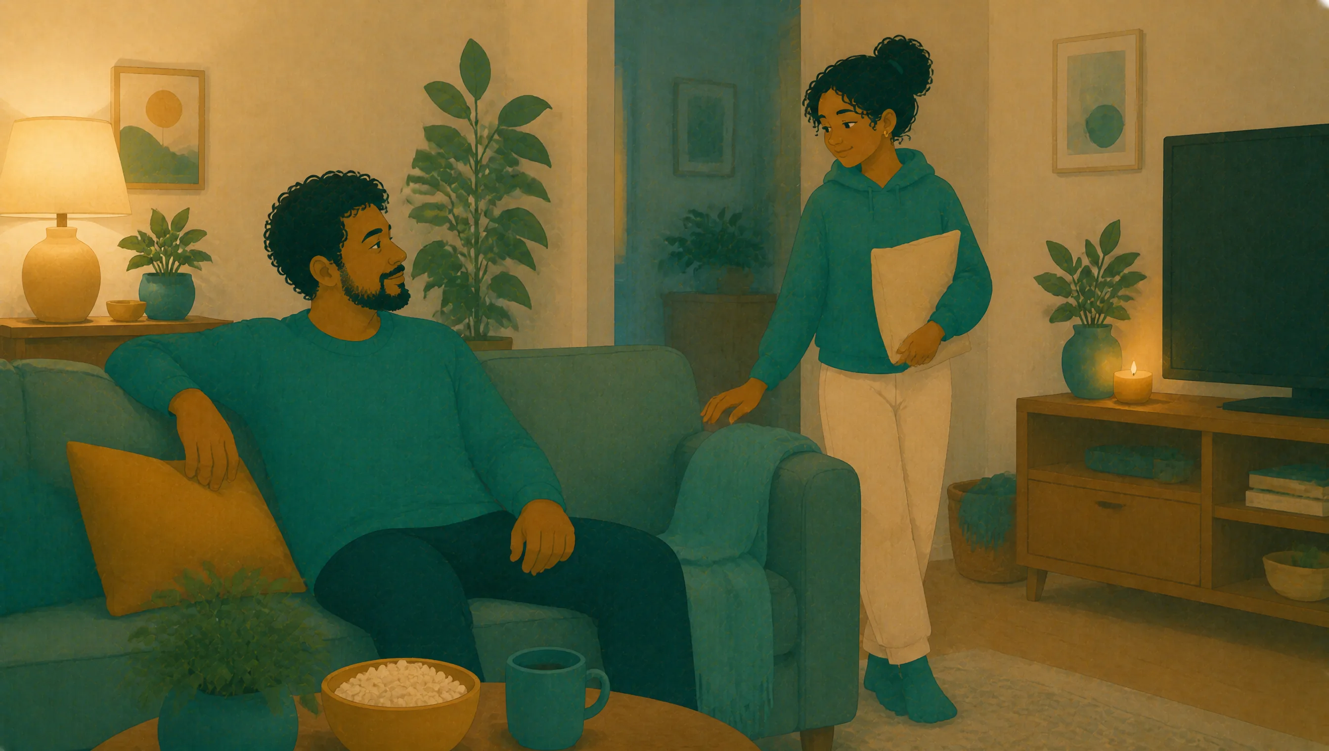 A father sits back on the sofa while his teenage daughter pauses beside him with a folder under her arm in a softly lit living room.