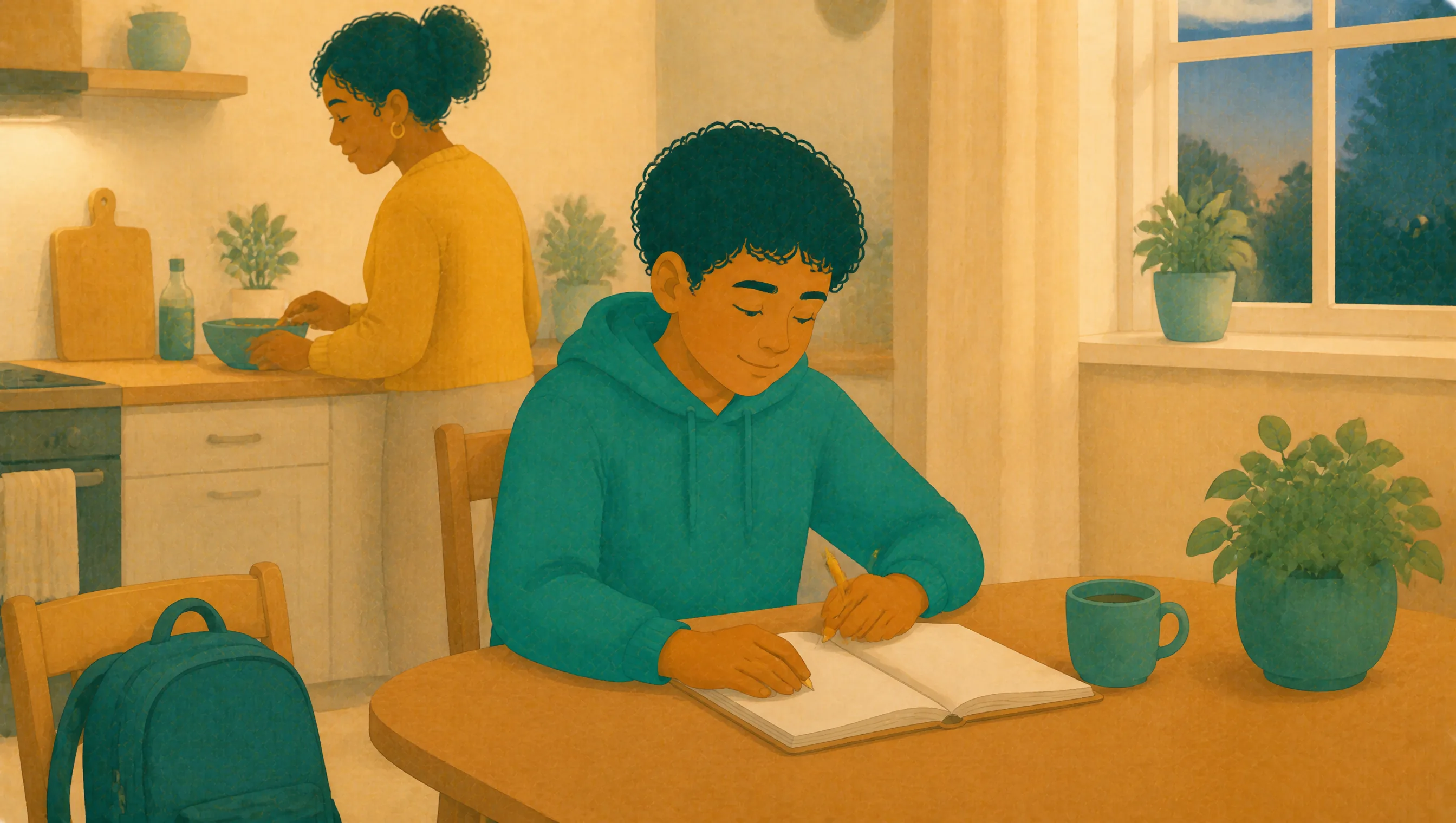 A boy sits at the kitchen table absorbed in writing in a notebook, his school bag on the chair beside him, while his mother prepares food nearby.