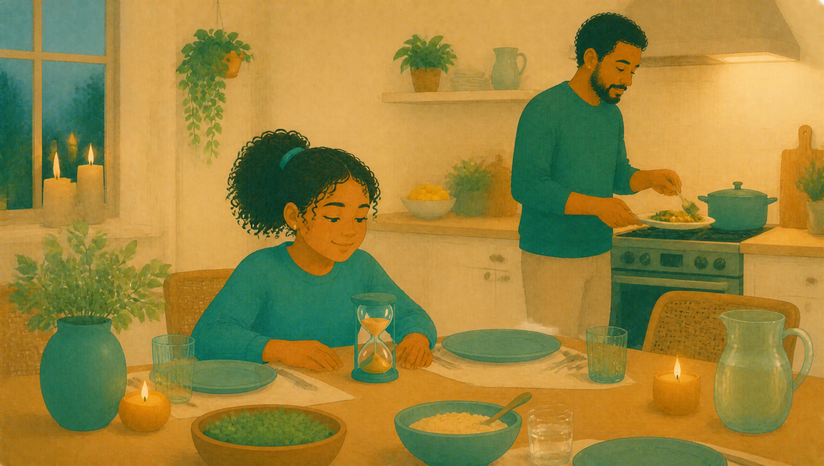 A girl sits at a laid table watching a sand timer run down while her father finishes serving dinner at the hob behind her.
