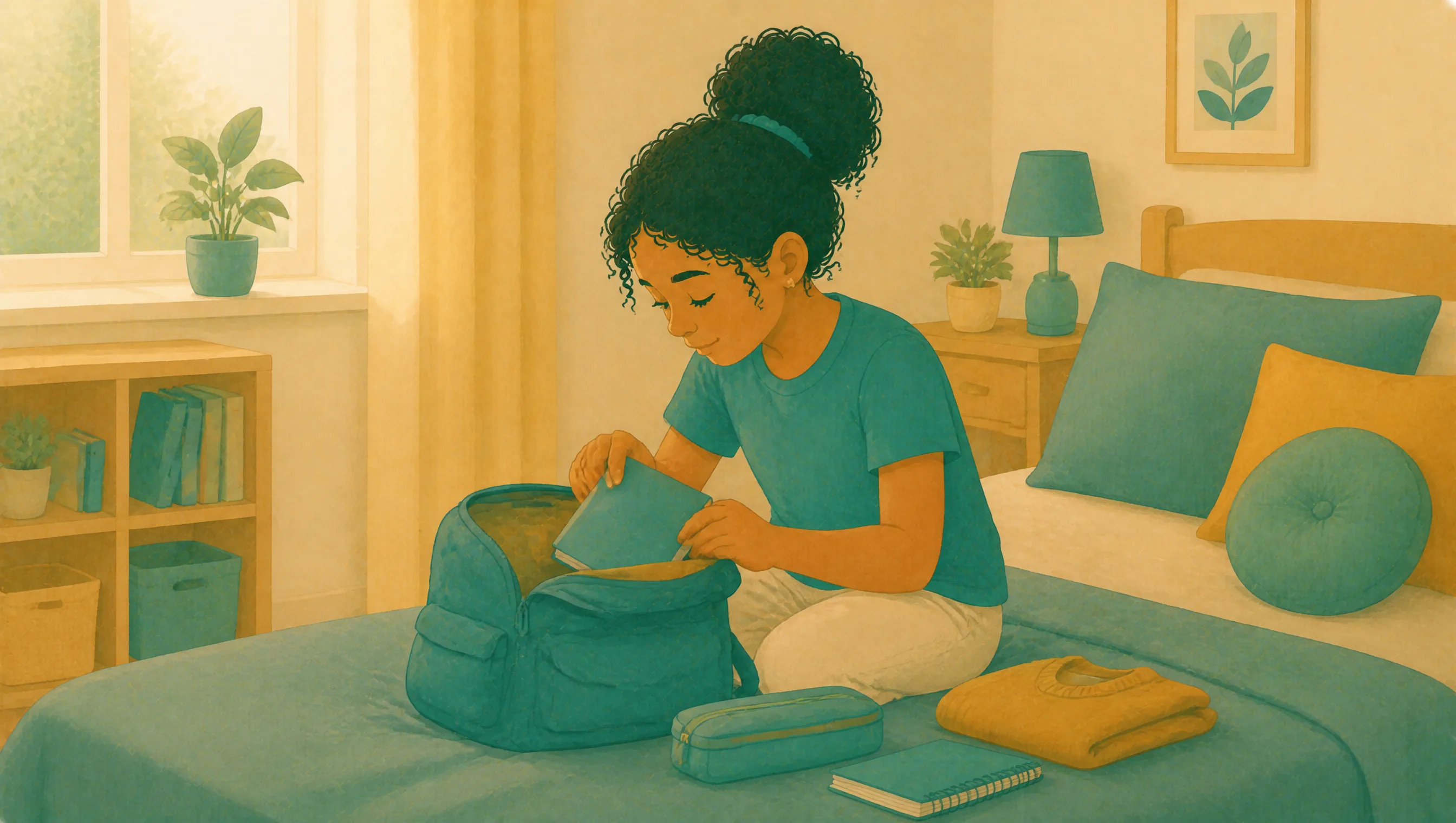 A girl kneels on her bed quietly packing her school bag, with a jumper, pencil case and notebook laid out beside her.