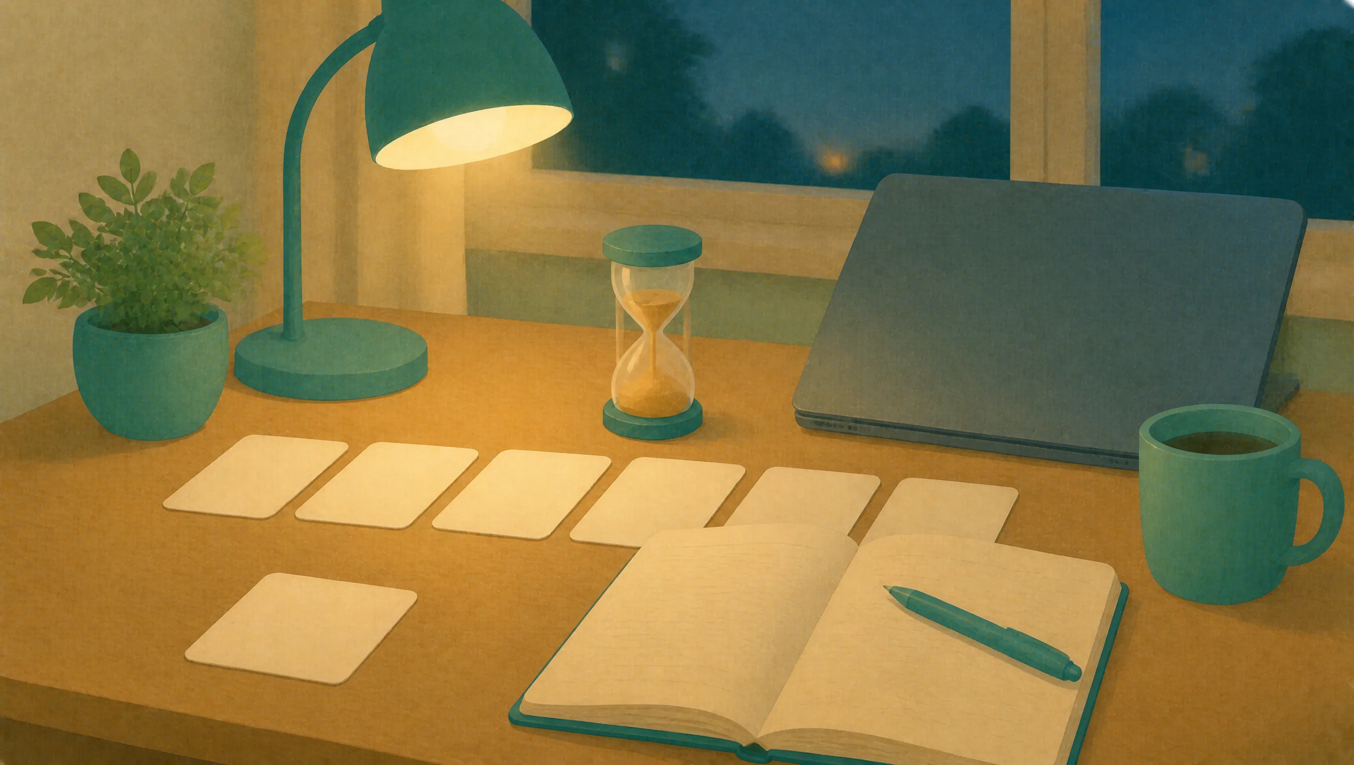 A desk lamp lights a sand timer, a row of blank cards and an open notebook on a desk at night.