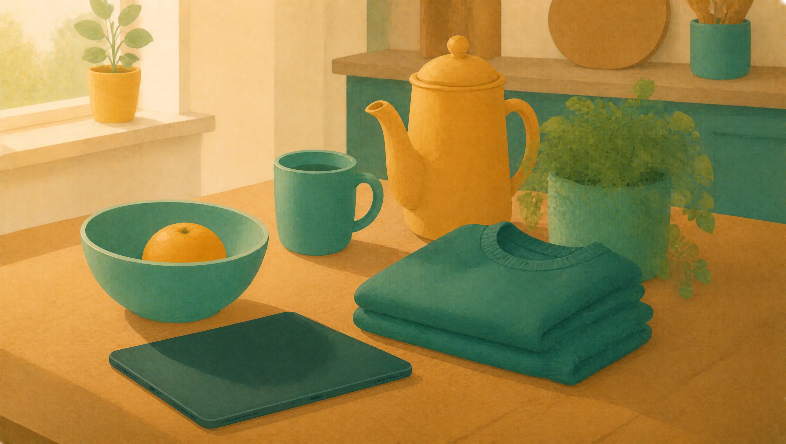 A closed tablet, a bowl with an orange, a mug, a teapot and a folded jumper sit together on a kitchen table as ordinary parts of a family's day.