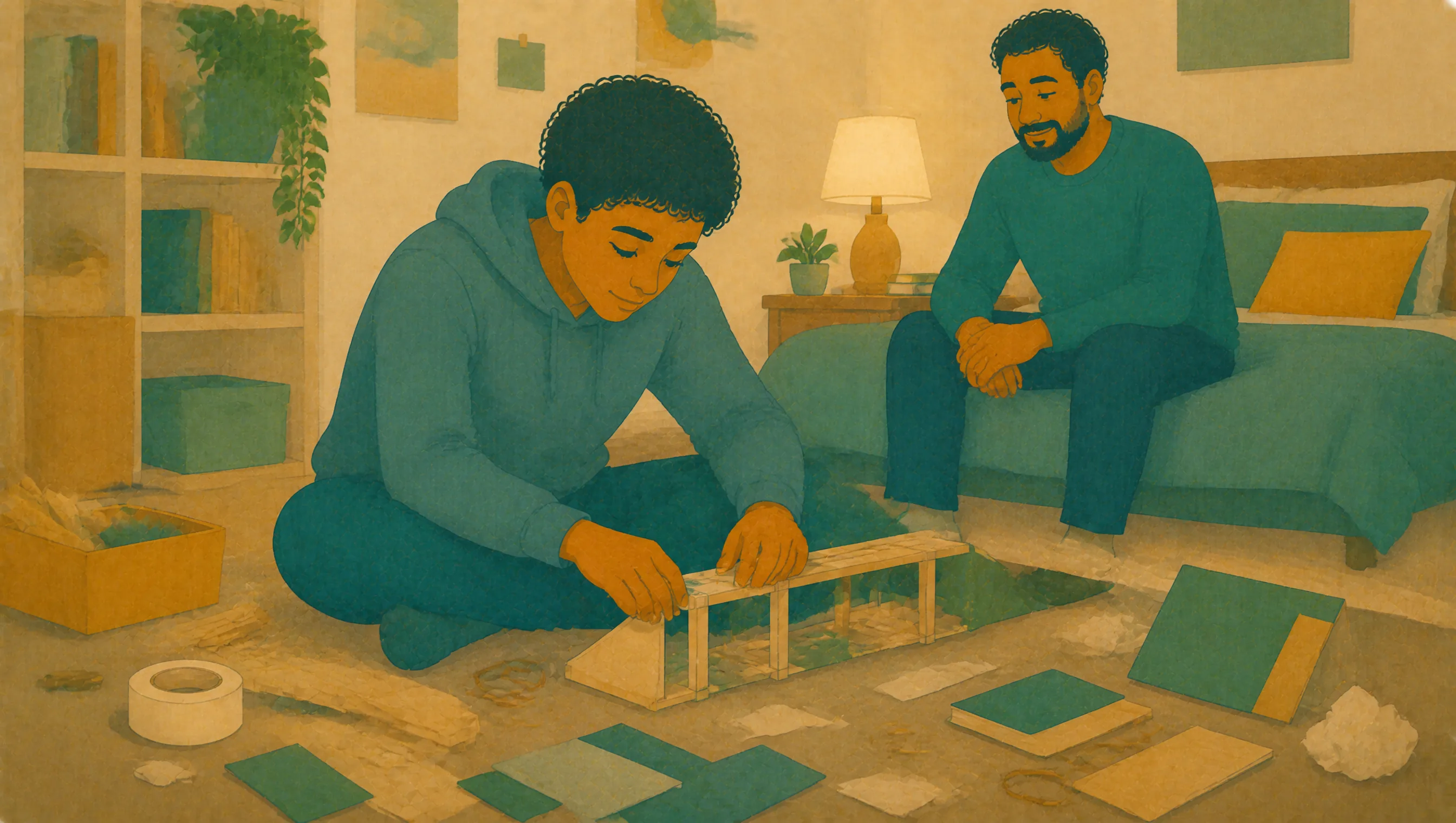 A boy kneels on the floor fitting together a structure from a pile of craft materials while his father sits nearby watching.