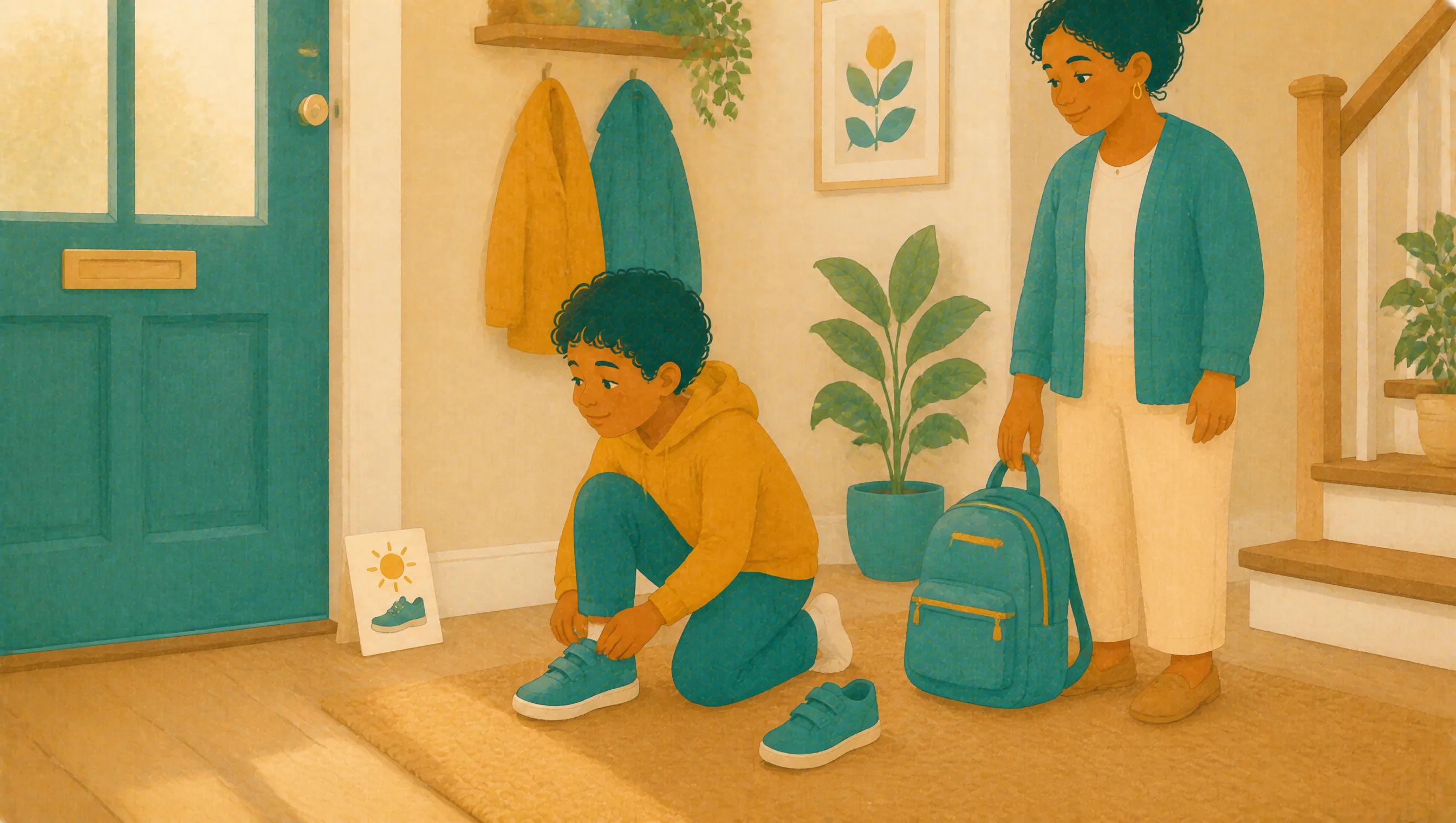 A boy kneels by the front door fastening his shoes beside a small picture card showing what comes next, while his mother waits holding his school bag.