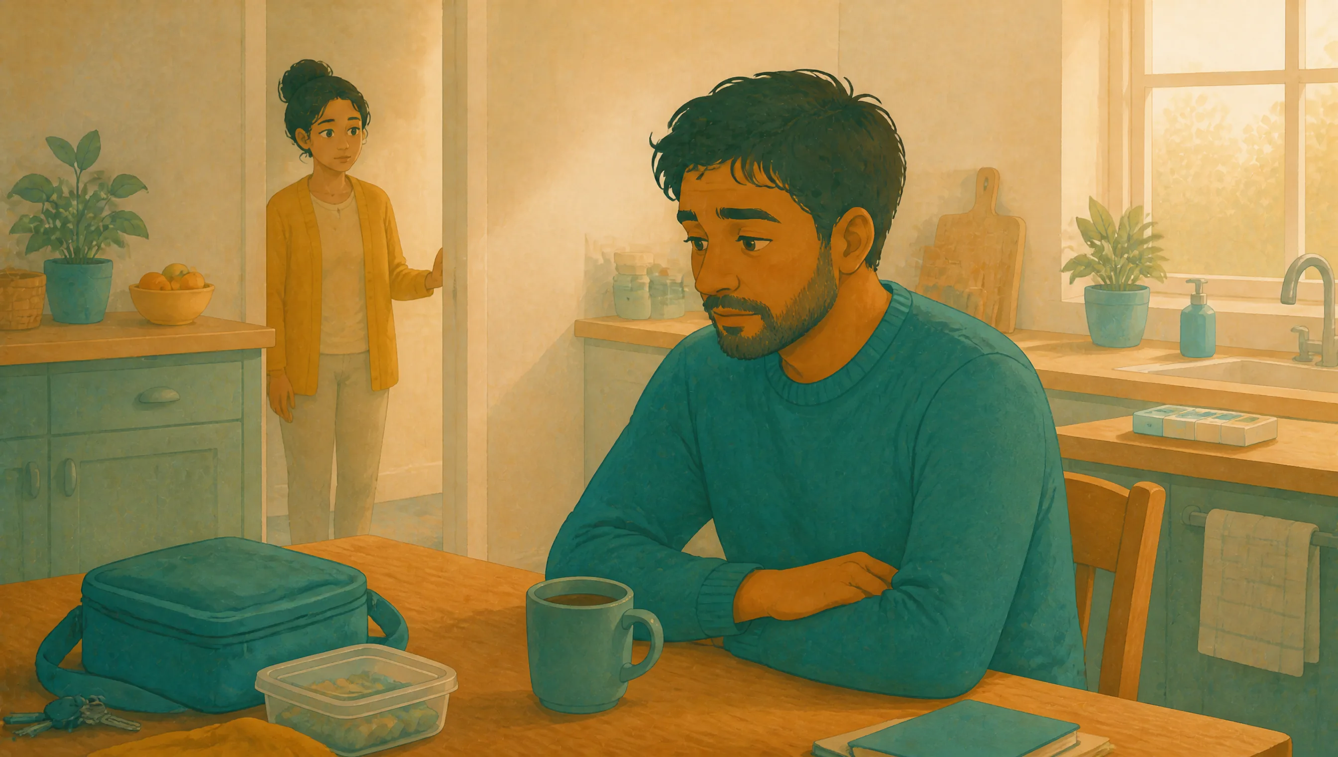 A man sitting at a kitchen table with arms crossed, looking down, a mug in front of him, while a woman stands watching from a doorway behind.