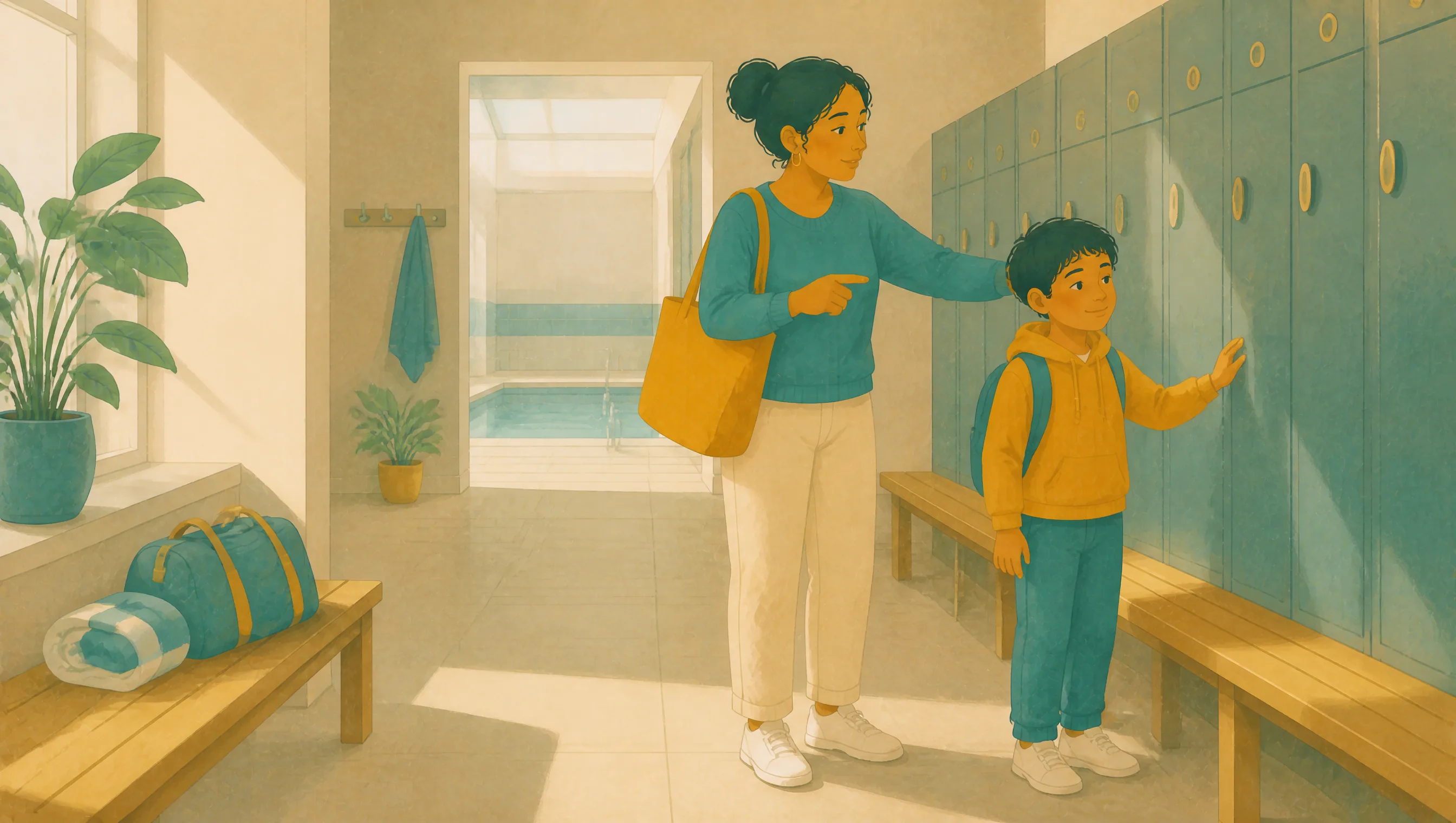A parent with a shoulder bag pointing towards a row of lockers while a child with a backpack rests a hand on a locker door, in a pool changing room.