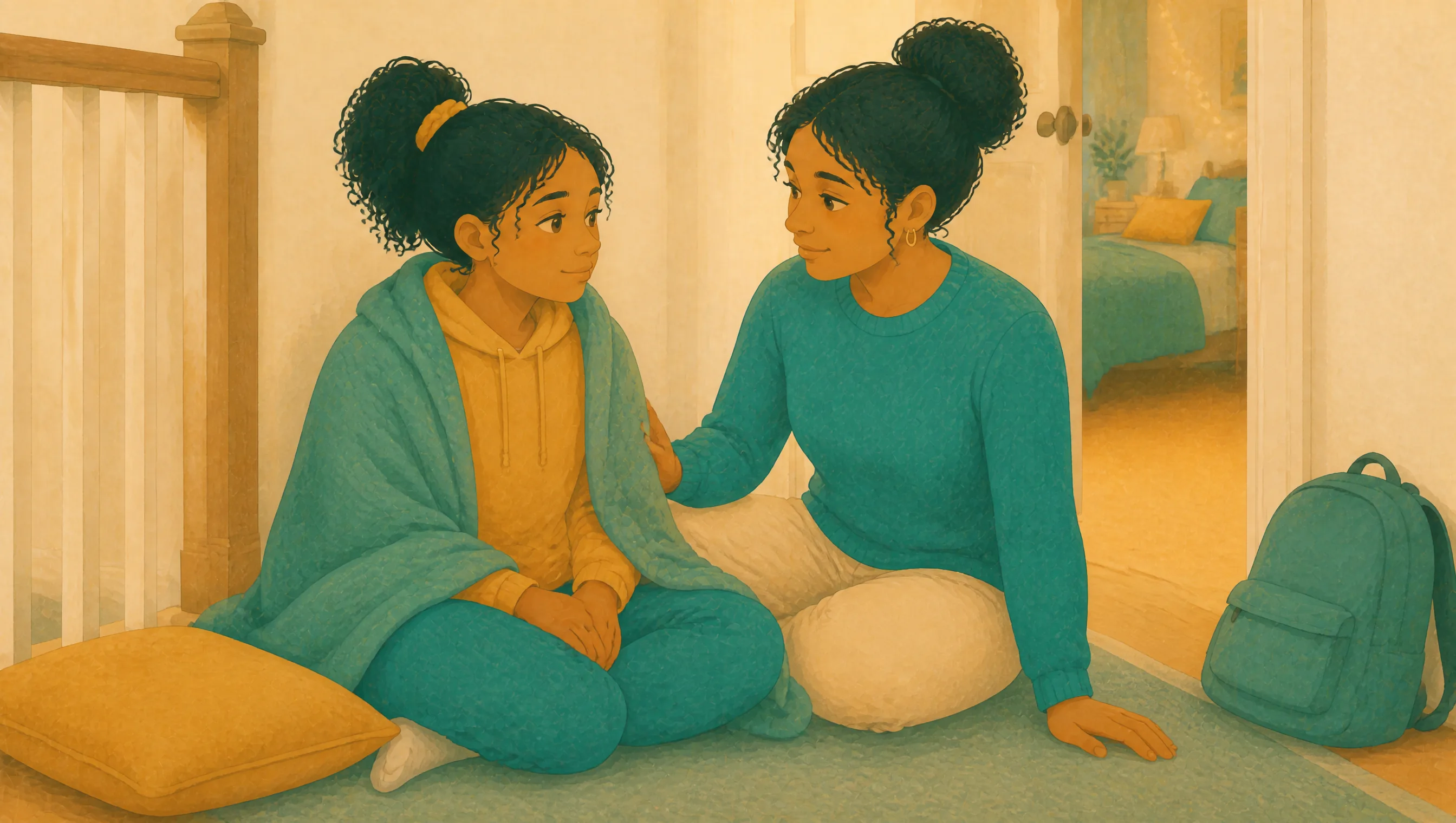 A girl sits cross-legged on a landing rug wrapped in a teal blanket, talking with a woman whose hand rests gently on her arm.