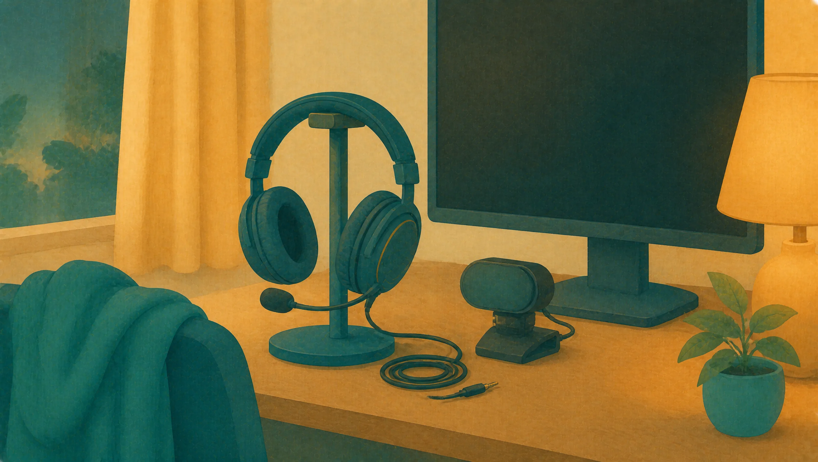 A gaming headset stands on its rest beside a webcam and a switched-off monitor on a bedroom desk.
