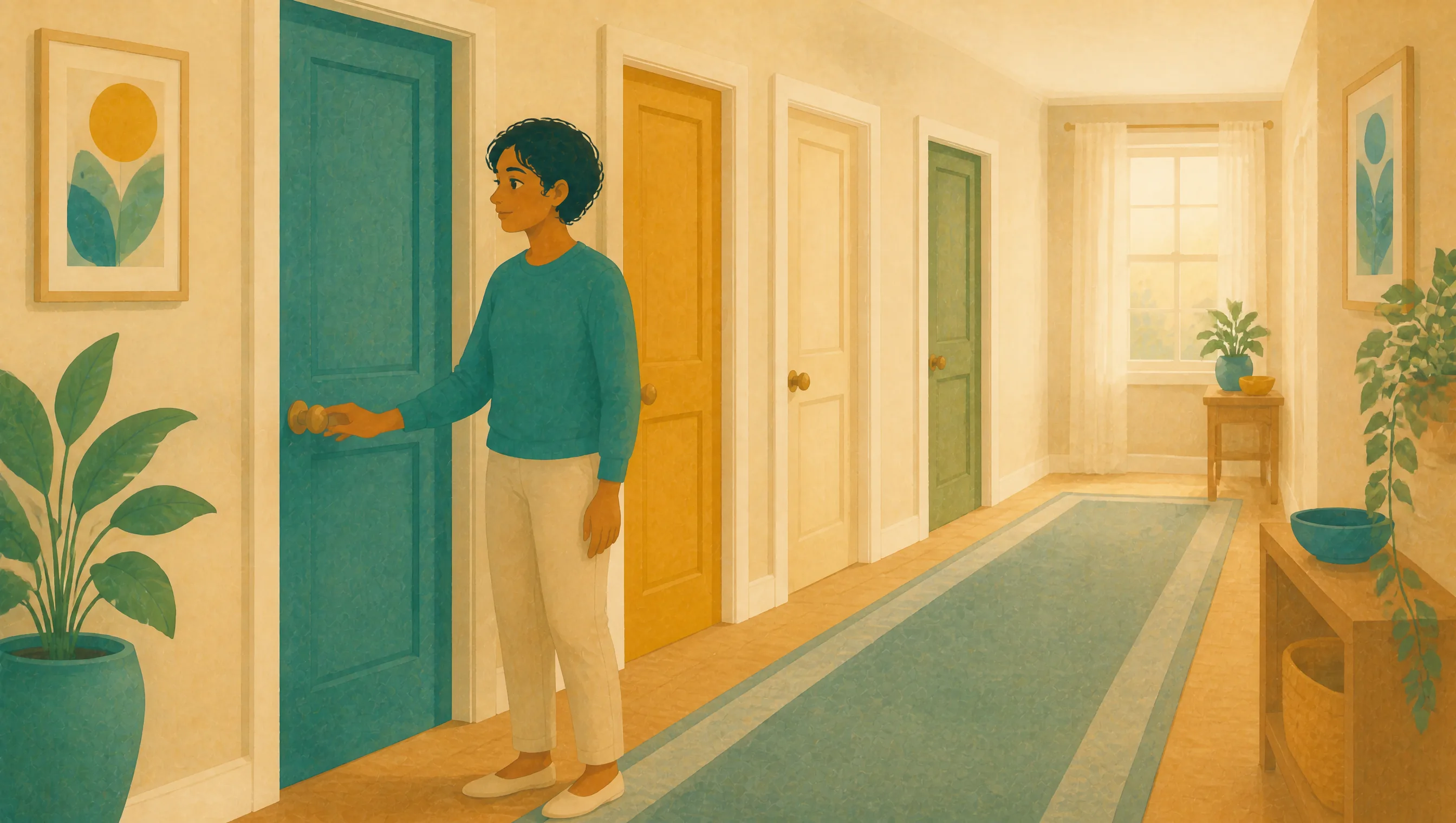 A woman stands in a hallway lined with different coloured doors, reaching to open a teal door, with framed prints and potted plants nearby.