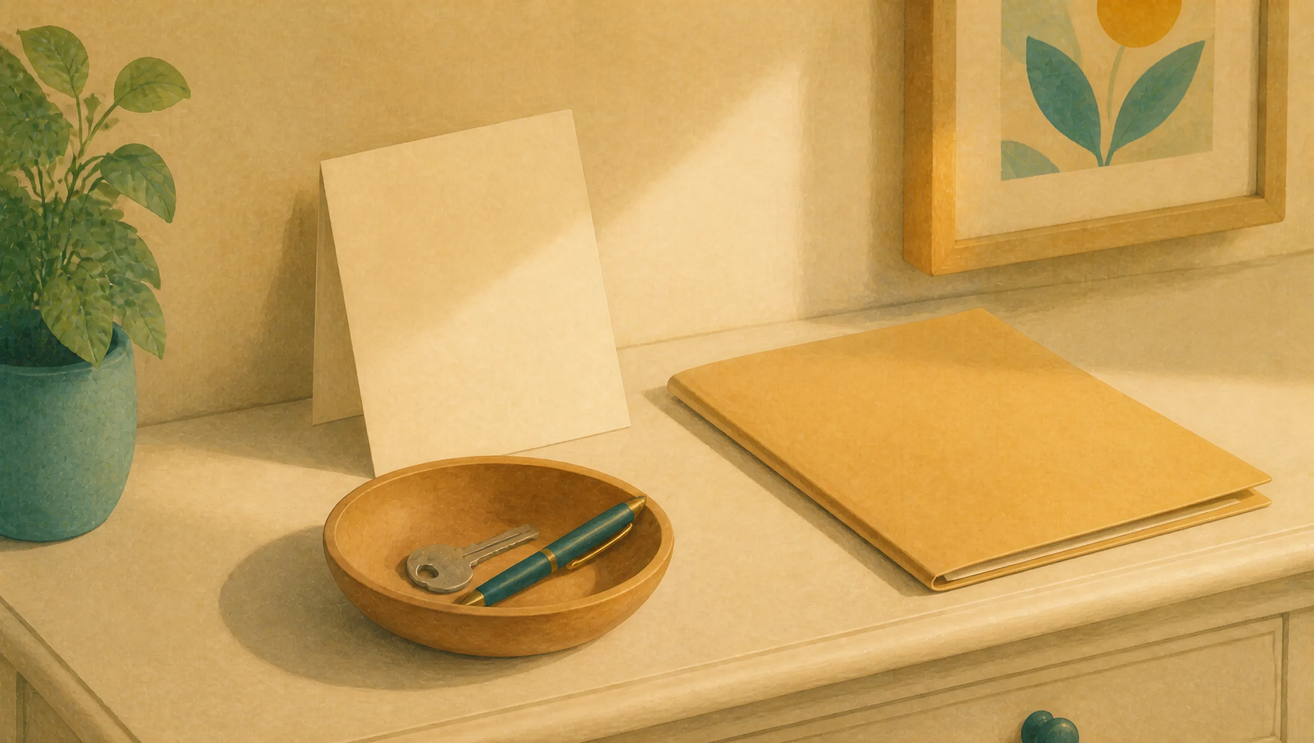 A blank folded card leans against the wall beside a wooden bowl holding a key and pen, with a closed folder resting on a dresser.