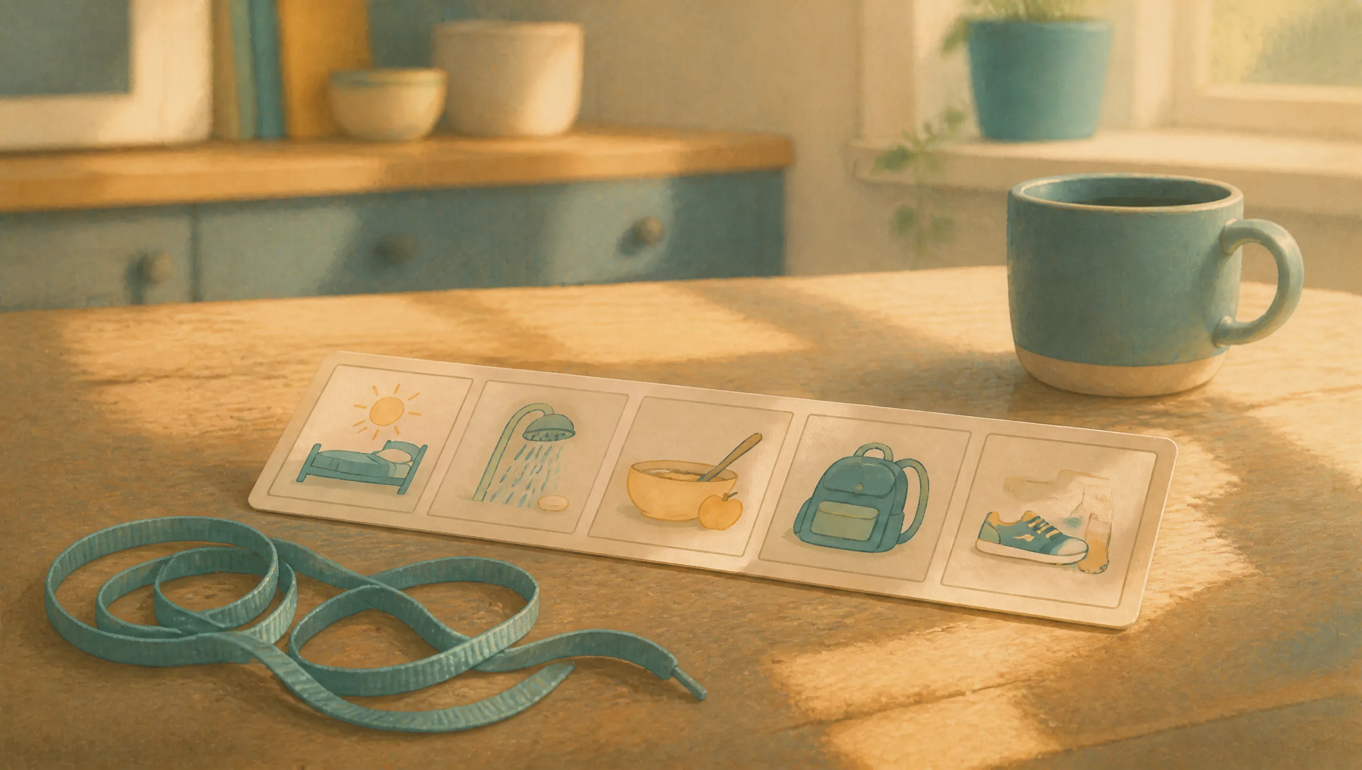 A visual timetable card showing five picture panels for waking, washing, breakfast, school bag and shoes, resting on a sunlit kitchen table beside a shoelace and a mug.
