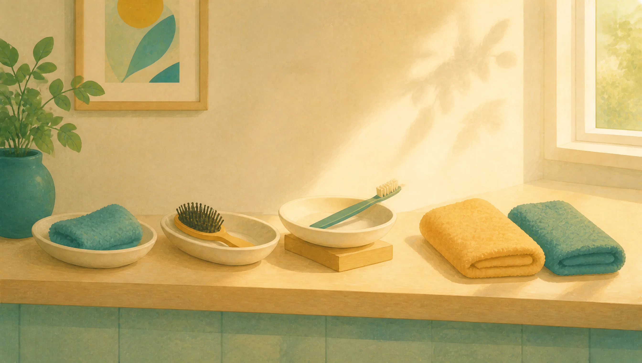 Bathroom counter with matching bowls holding a folded flannel, hairbrush and toothbrush, plus folded gold and teal towels, sunlight falling across the wall from a window.