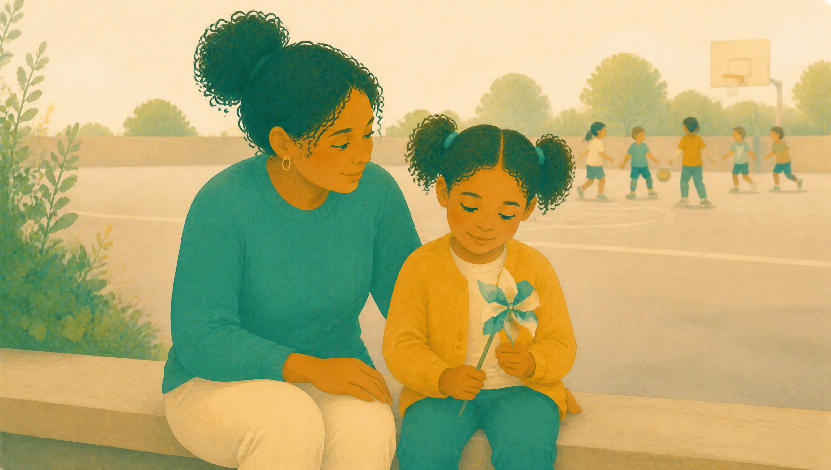 A woman sits with a young girl on a low wall at the edge of a school playground while other children play further off.