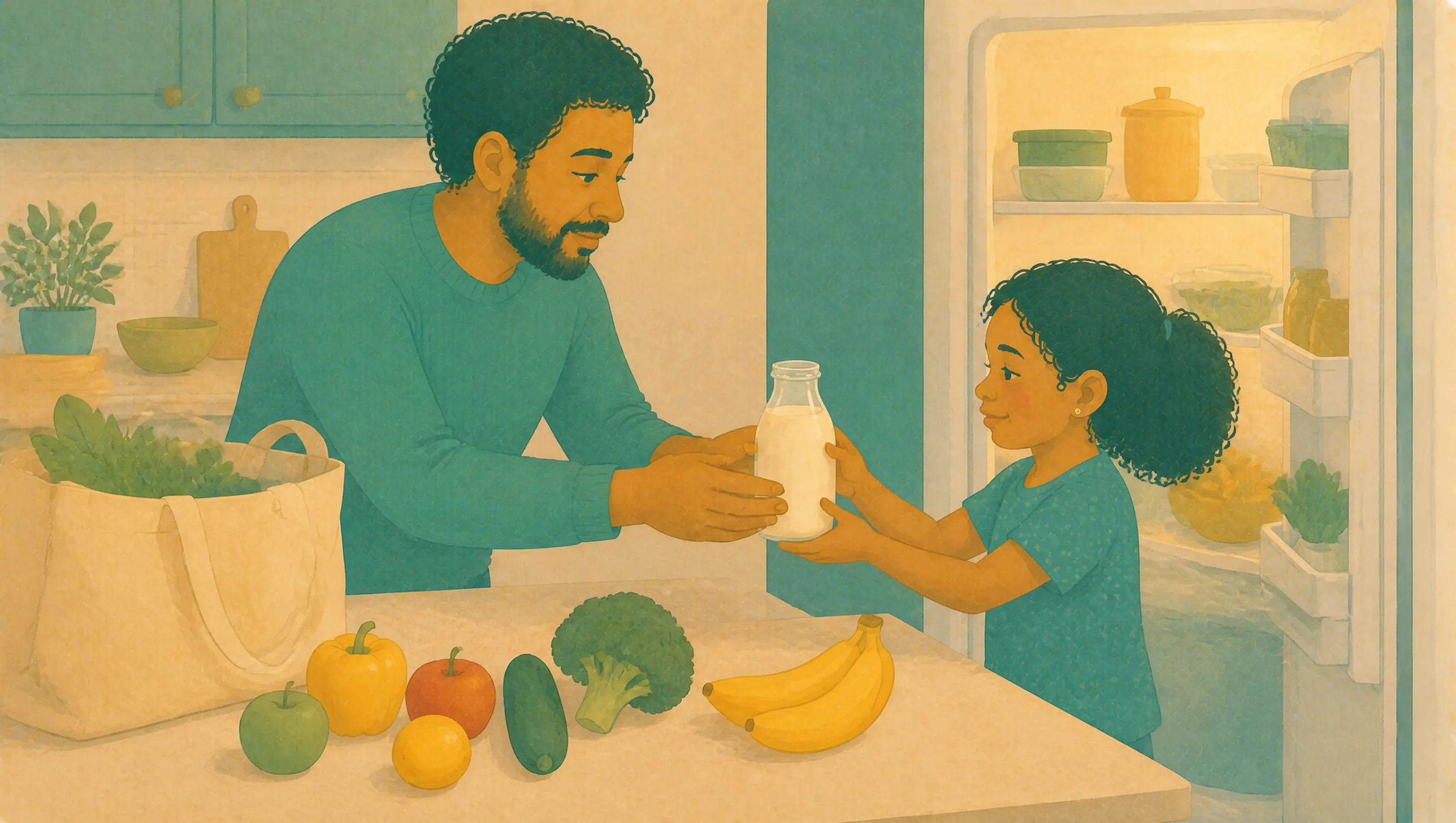 A father passes a milk bottle across the kitchen counter to his daughter, who takes it with both hands beside an open fridge, with fruit, vegetables and a shopping bag on the counter.