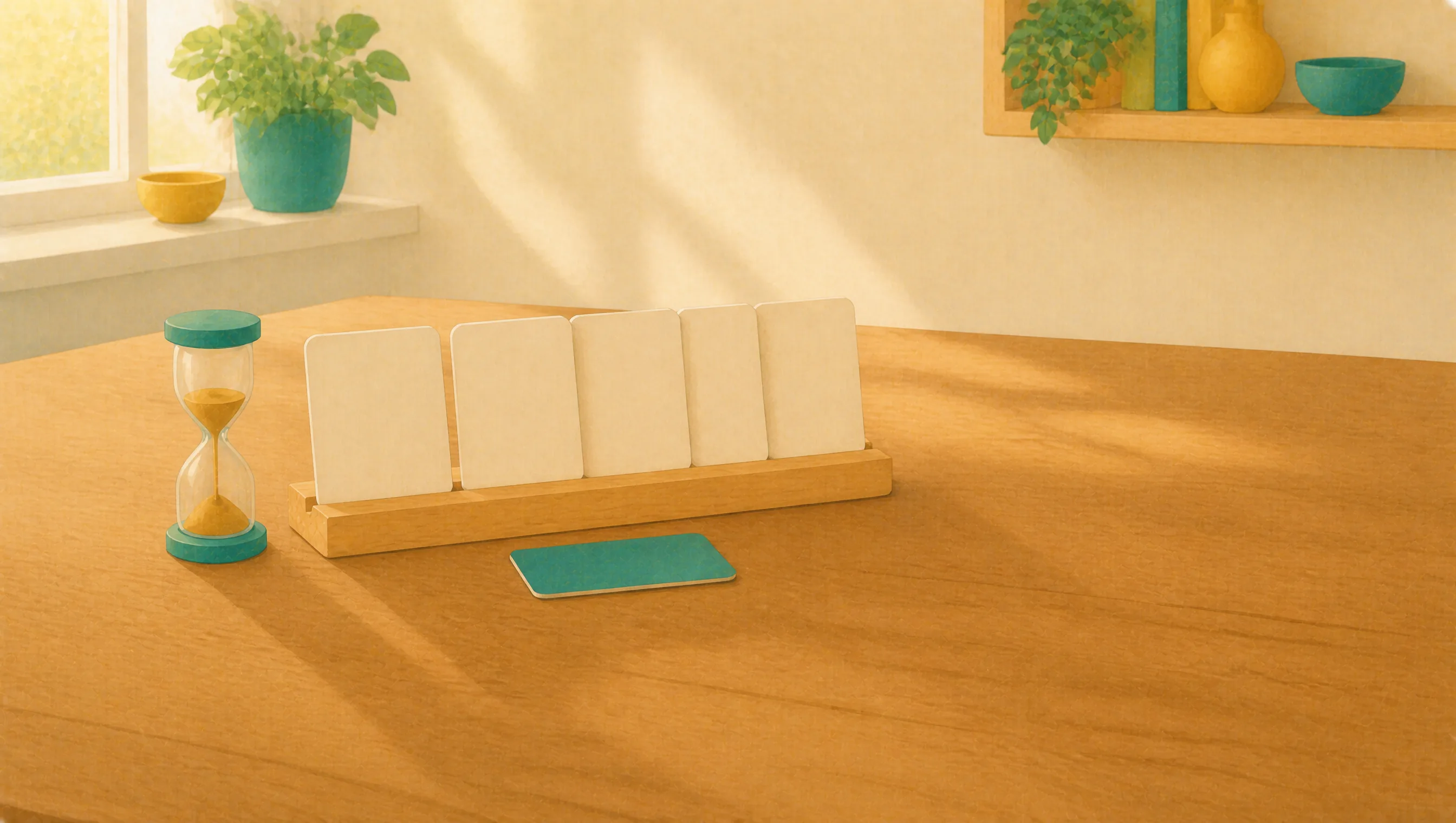 Five blank cards stand in a wooden holder on a table beside a sand timer and a single loose card, suggesting a sequence set out in advance.