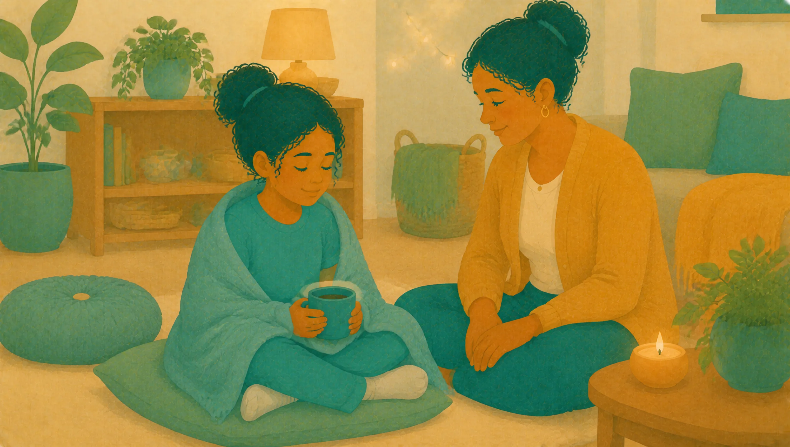 A girl sits wrapped in a blanket on a floor cushion holding a warm drink with both hands, while her mother sits close by on another cushion with her hands resting in her lap.