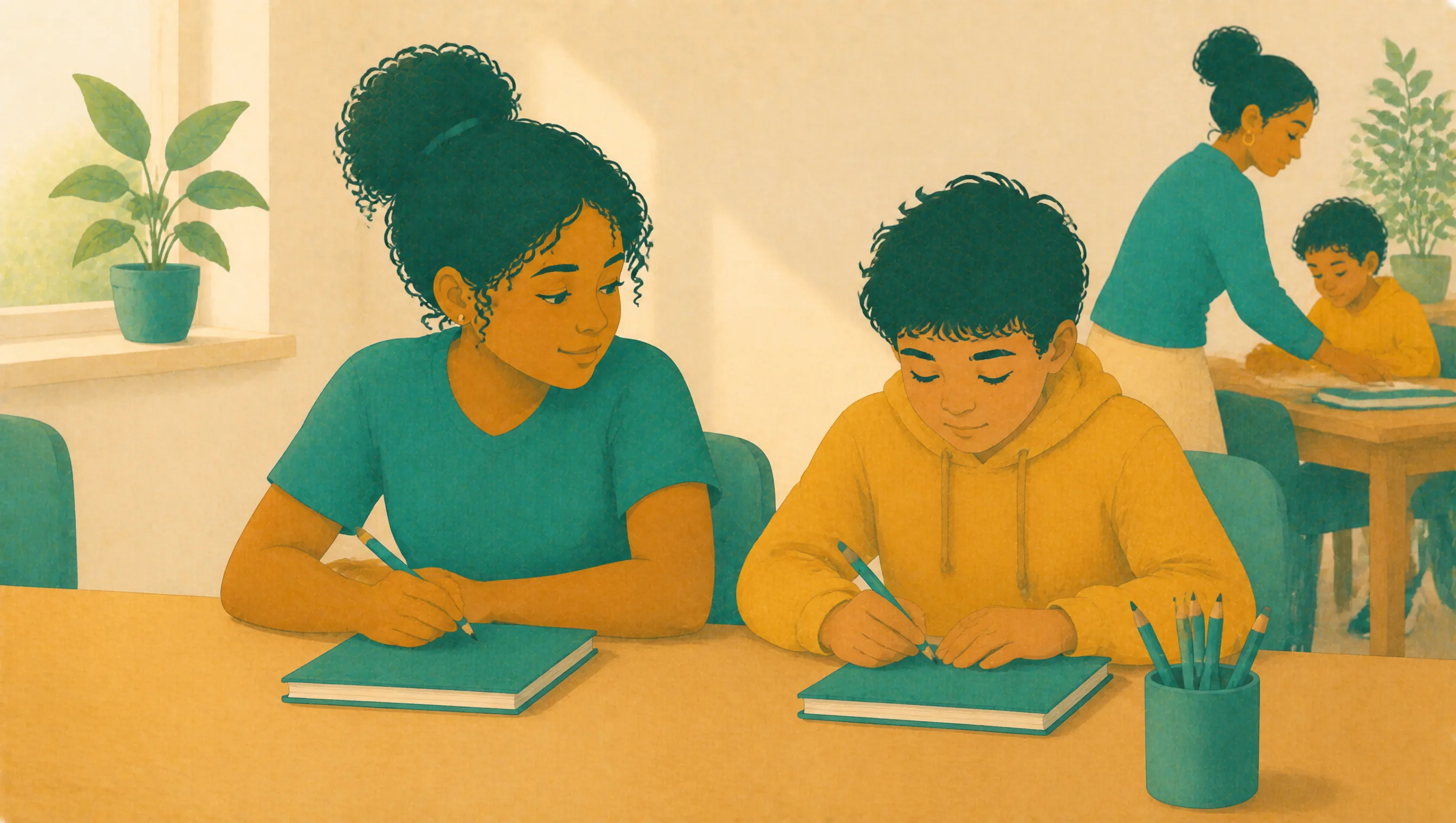 A girl and a boy sit side by side at a desk writing in plain notebooks, while behind them a teacher leans in to help a younger child at another table.