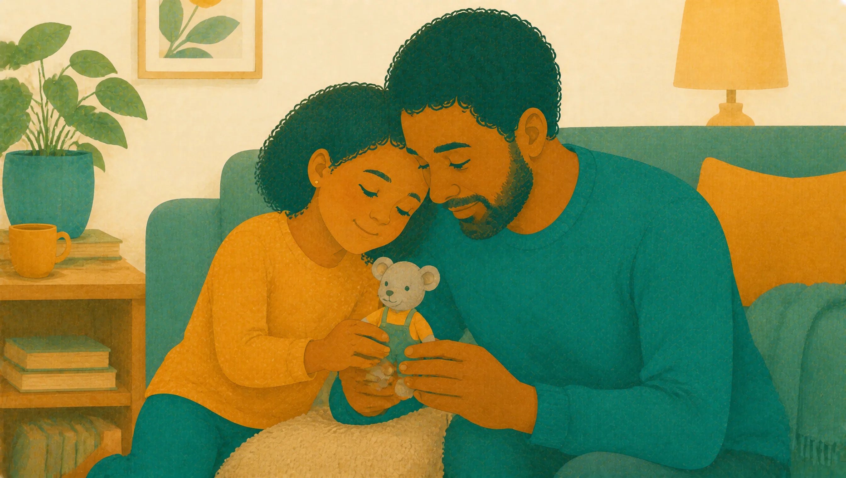 A father and his young daughter sit close together on the sofa, foreheads touching, holding a small toy bear between them.