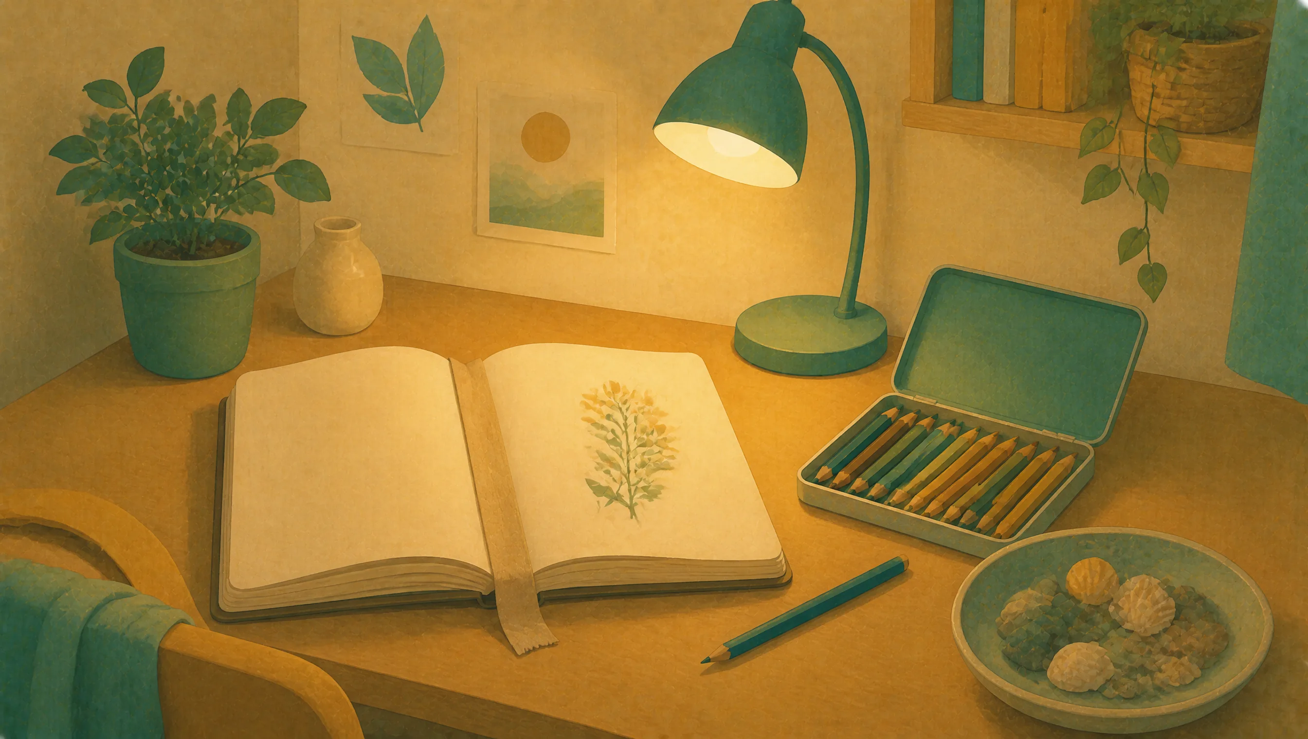 A desk set up for a nature project, with an illustrated journal open beside a tin of coloured pencils and a small dish of shells and pinecones.