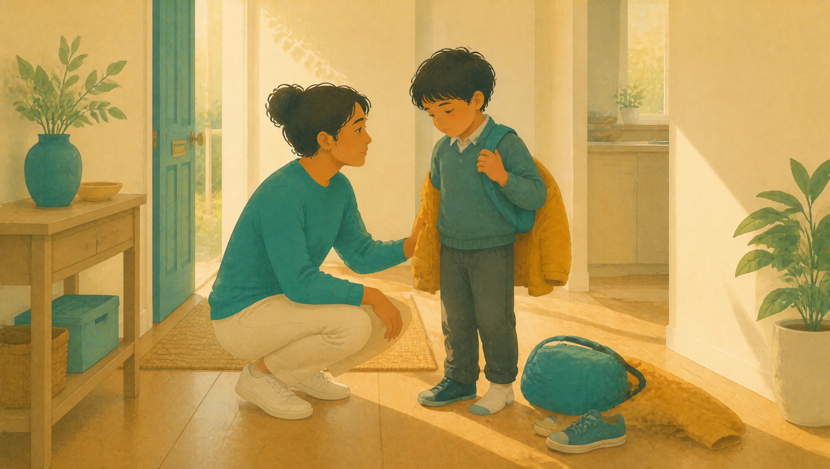 A parent crouches to meet a child at eye level in a sunlit hallway, with a dropped school bag and shoes nearby, pausing to take in what's happening before responding.