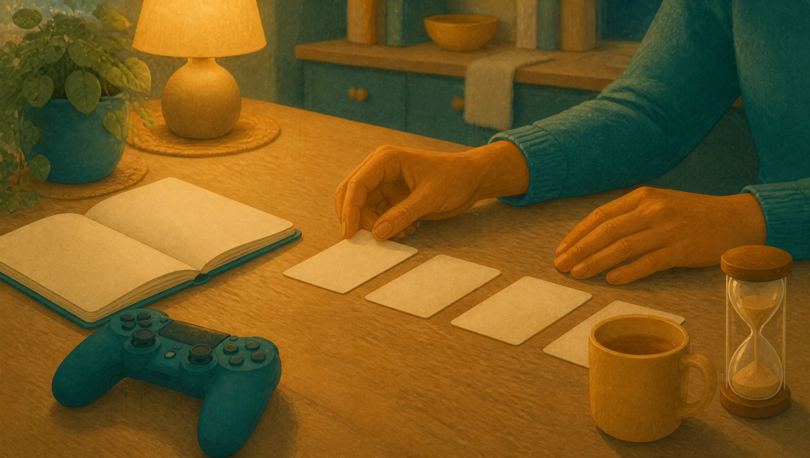 A pair of hands arranging blank cards in a row on a wooden table, beside an open notebook, a games controller, a mug of tea and an hourglass.