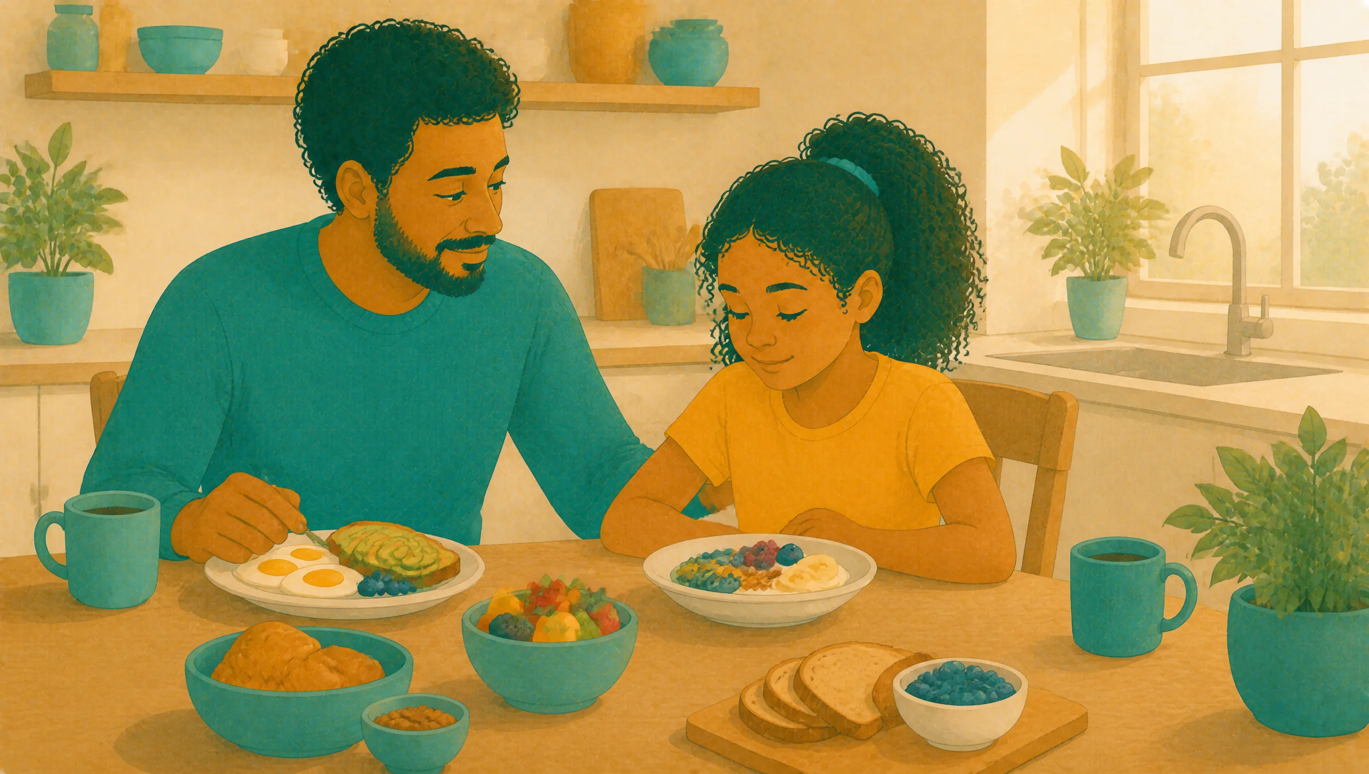 A father sits with his daughter at a breakfast table set with eggs, toast, fruit and cereal, while she eats from her own bowl.