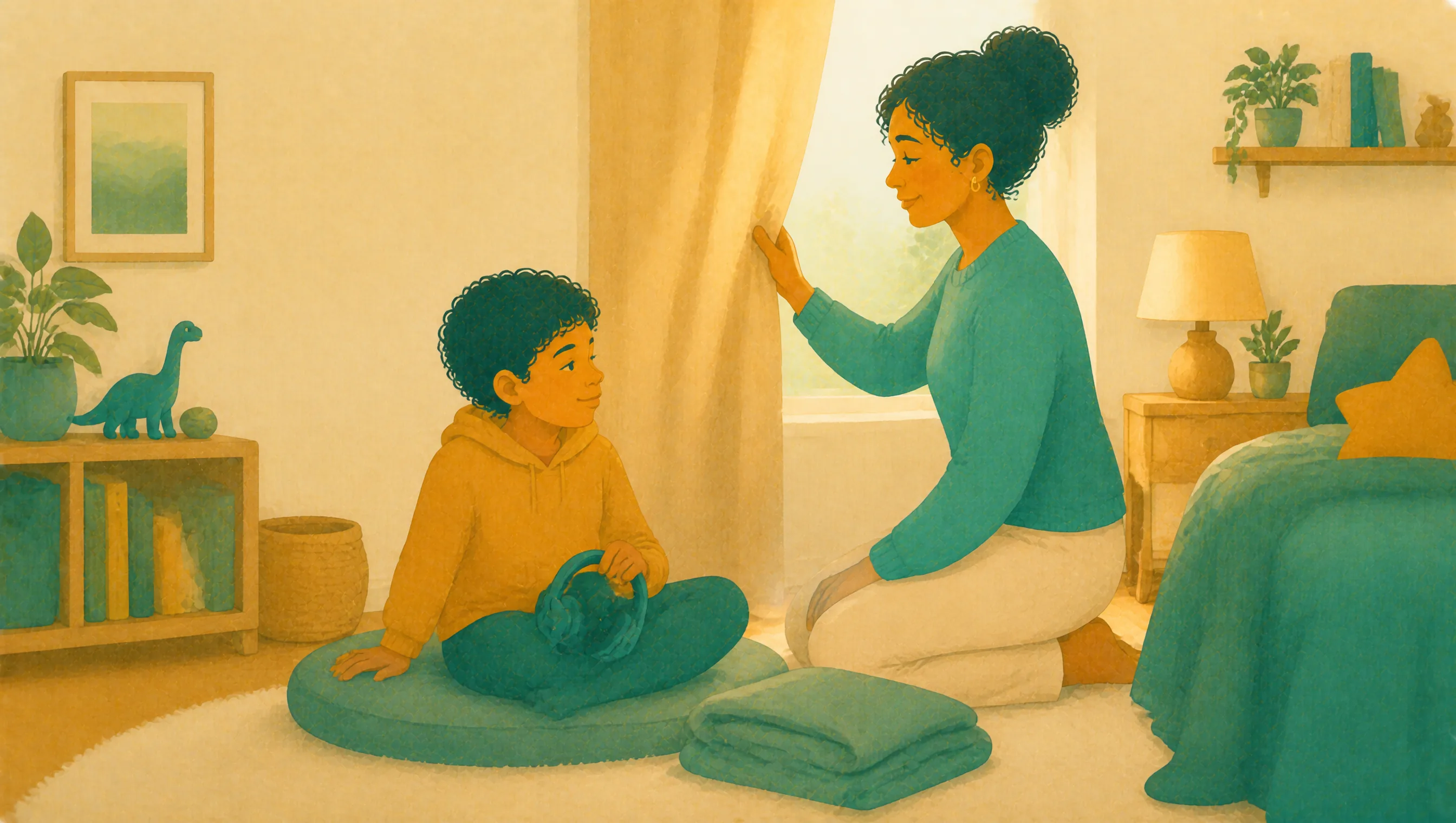 A mother draws the curtain to soften the light while her son sits on a floor cushion holding a pair of ear defenders, a folded blanket beside him.