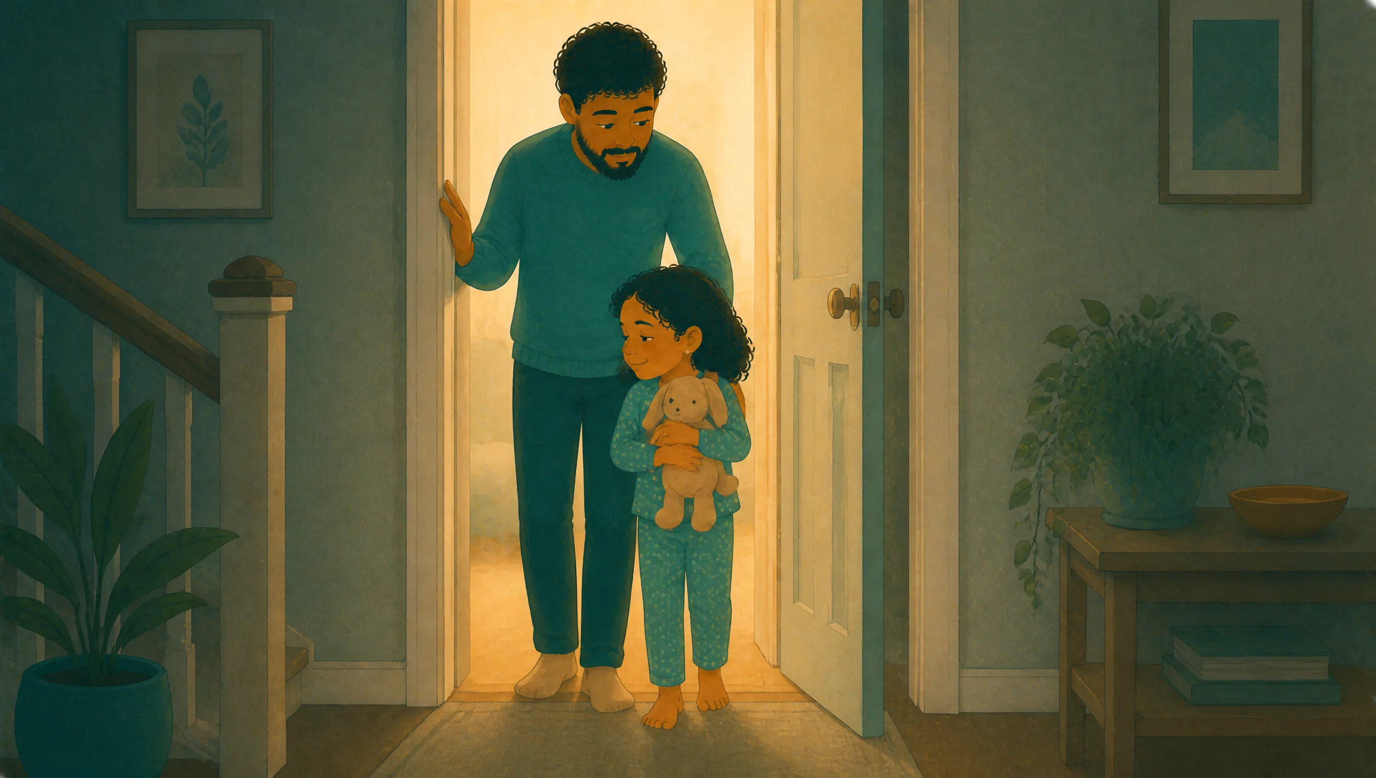 A father stands with his young daughter in a lit doorway at night, she holds a soft toy rabbit while the landing behind them stays dark.