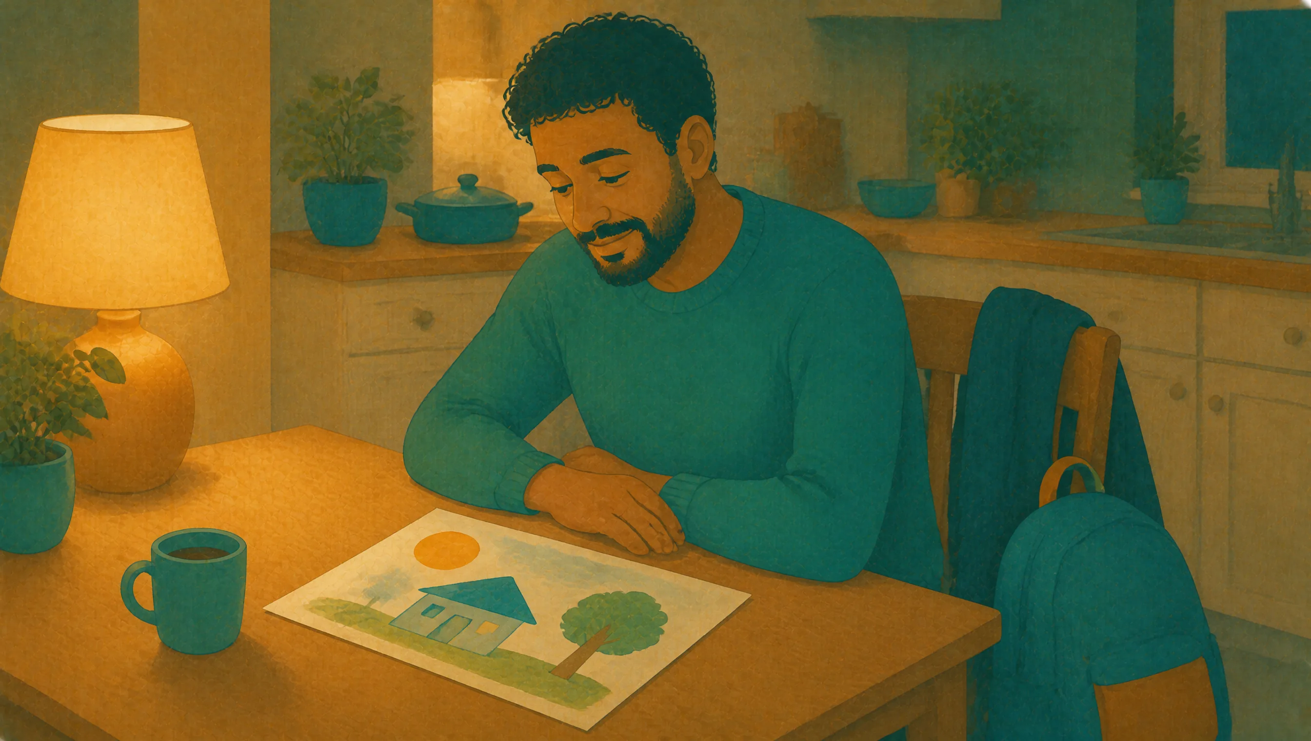 A father sits at the kitchen table in the evening looking over a painting his daughter brought home, her book bag against the chair and his coat over the back.