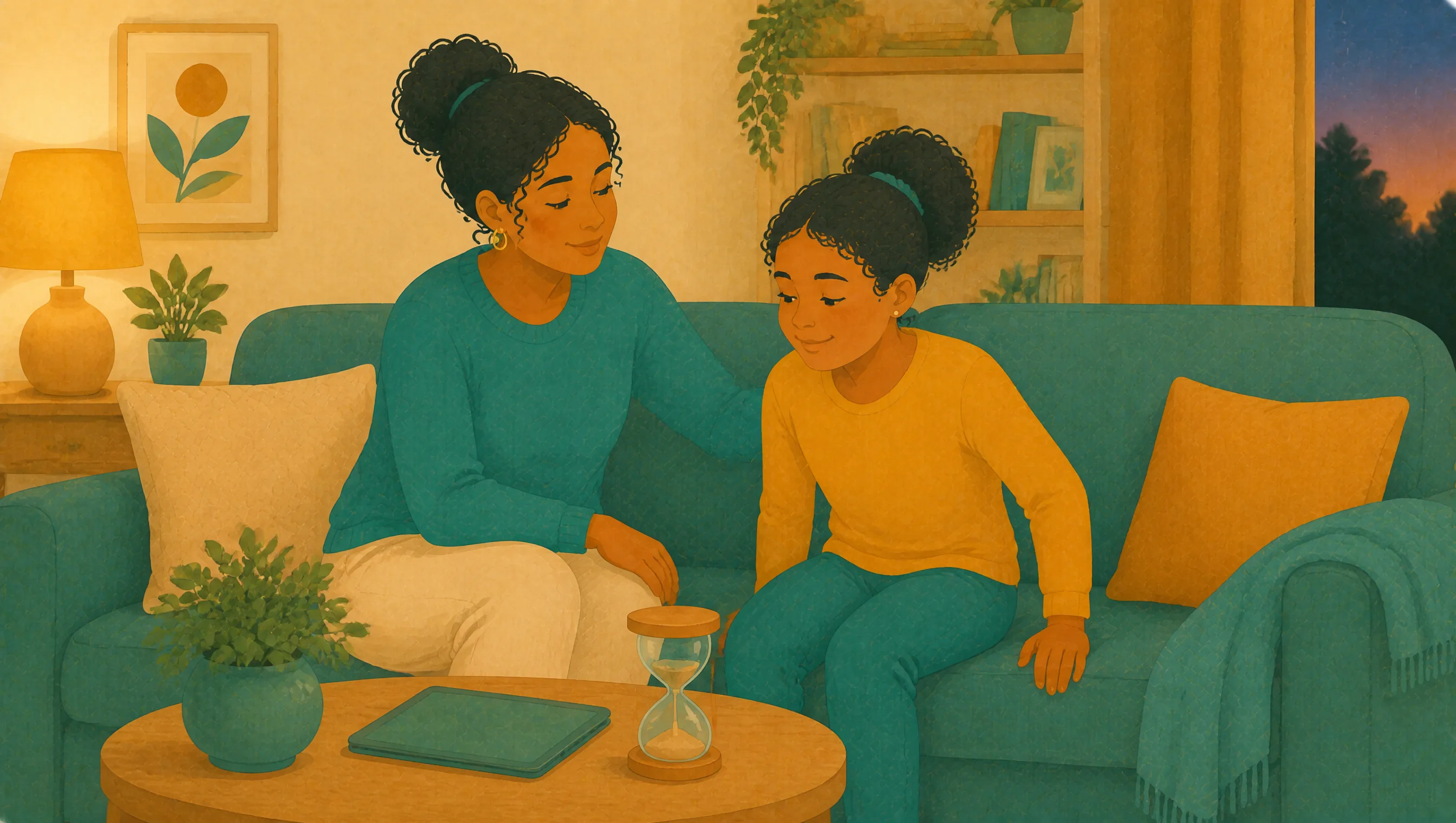 A mother sits with her daughter on the sofa beside a sand timer and a closed tablet on the coffee table.