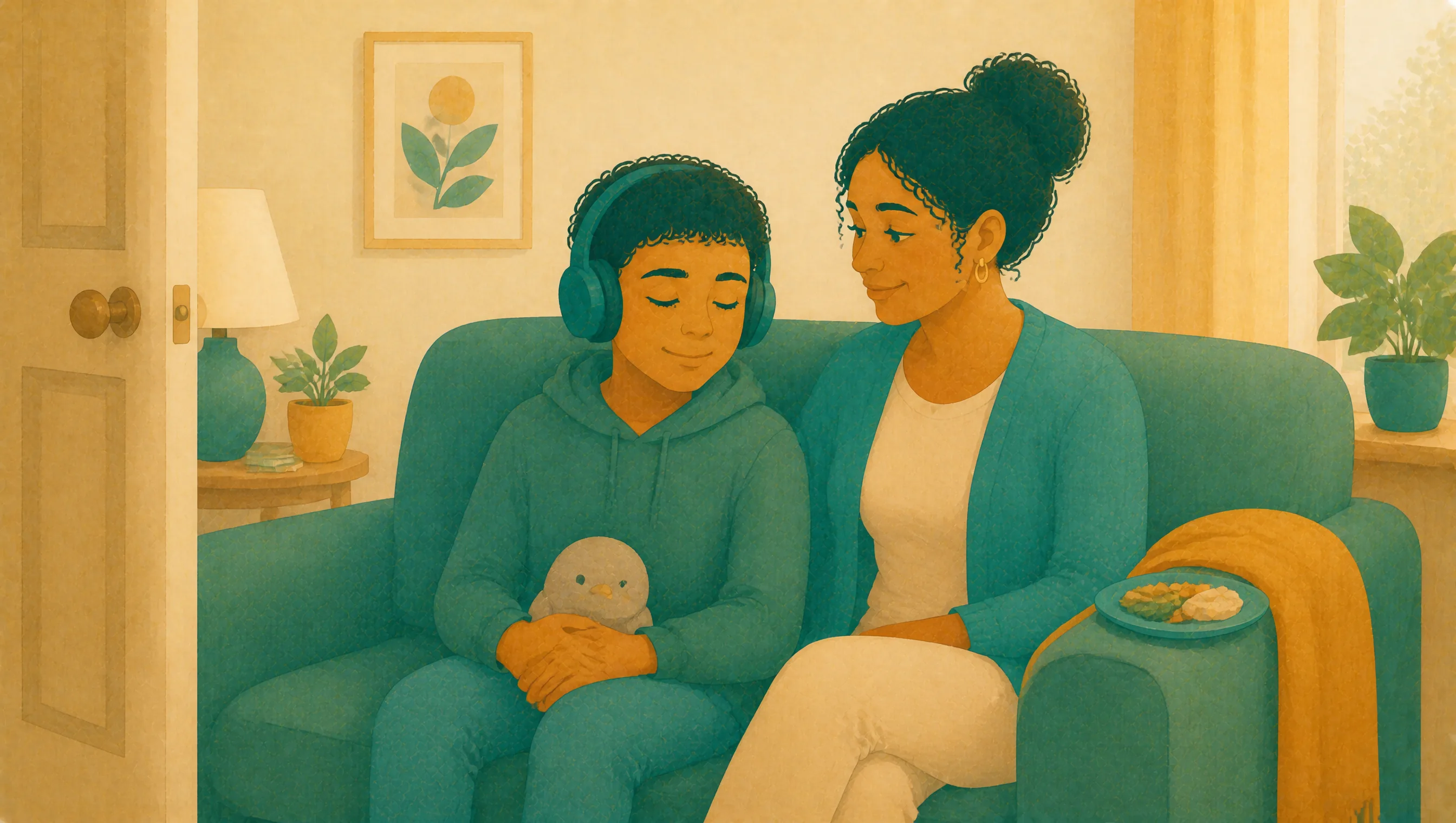 A boy wearing headphones sits on a sofa holding a soft toy beside an adult, with a plate of party food nearby and the door open to the hallway.