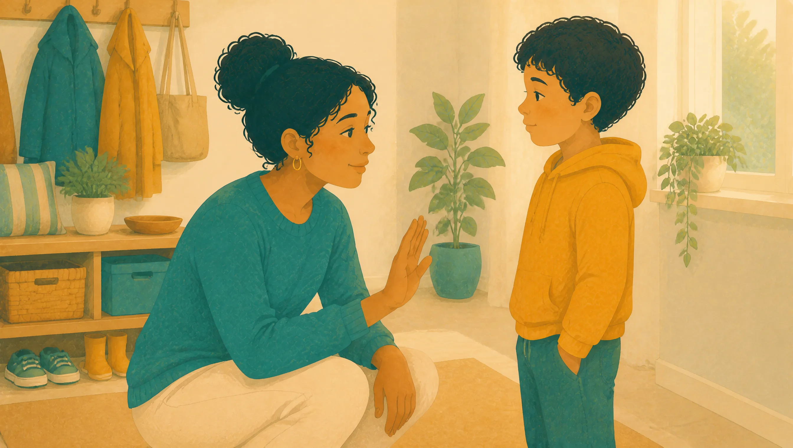 A woman kneeling at eye level with a boy in a hallway, one hand raised with palm outwards, coats hung on hooks and a potted plant behind them.
