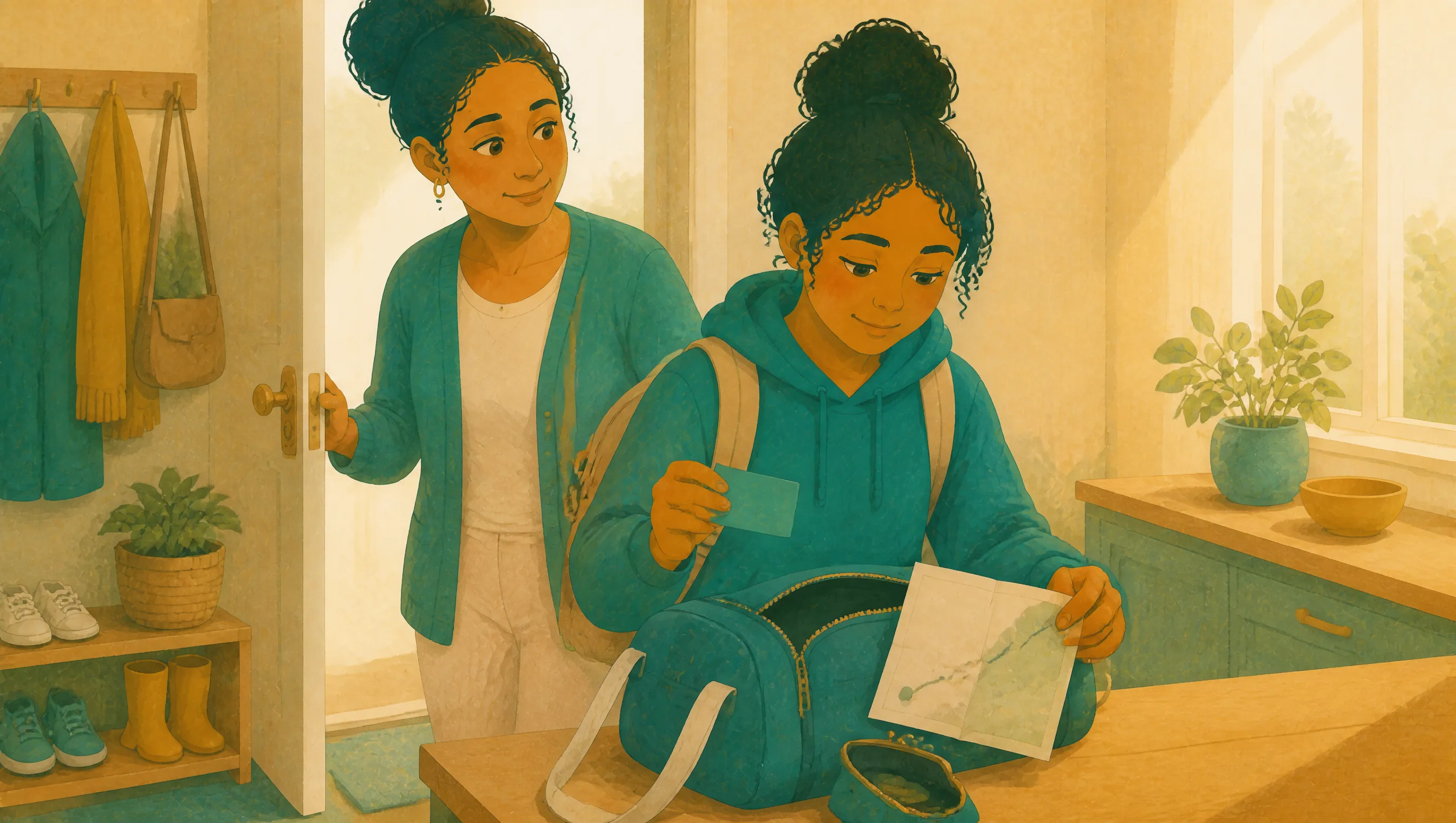 A teenage girl packs a purse of coins, a bank card and a folded map into a duffel bag, while a woman holds the front door open behind her.