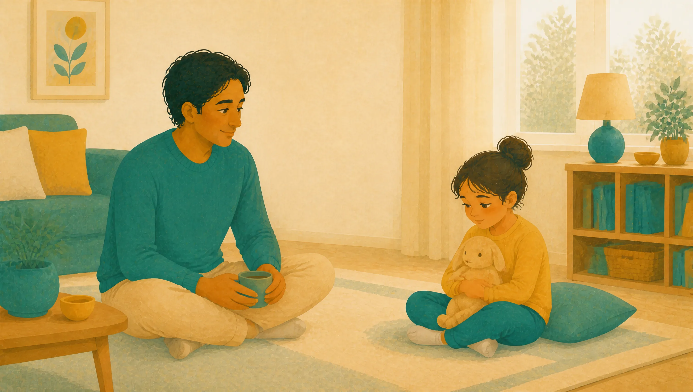 A man sits cross-legged on a rug holding a cup, a young girl sitting nearby cuddling a stuffed rabbit, both facing each other in a living room.