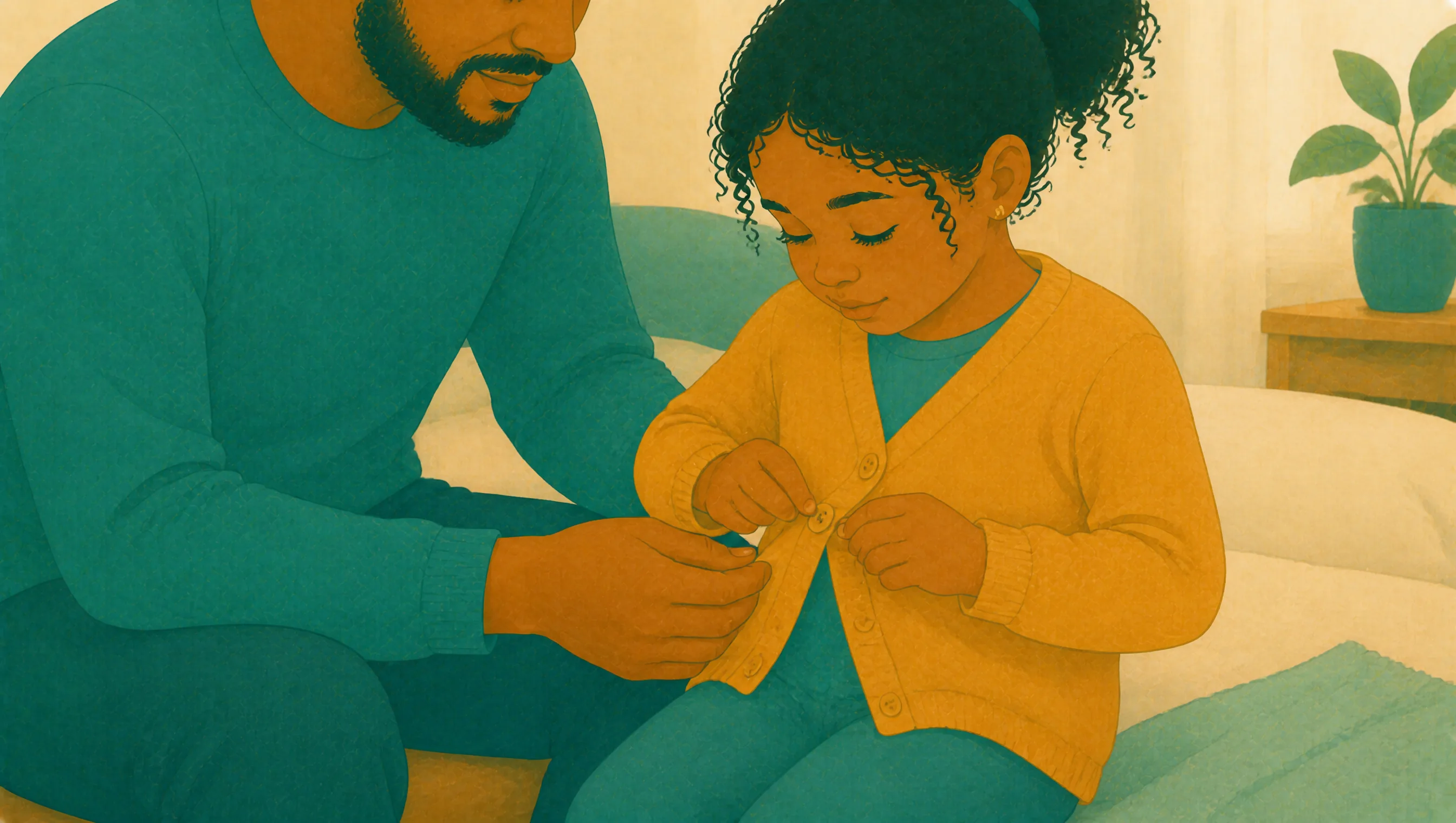 A father sits with his young daughter on a sofa, steadying the fabric as she fastens the buttons on her cardigan.