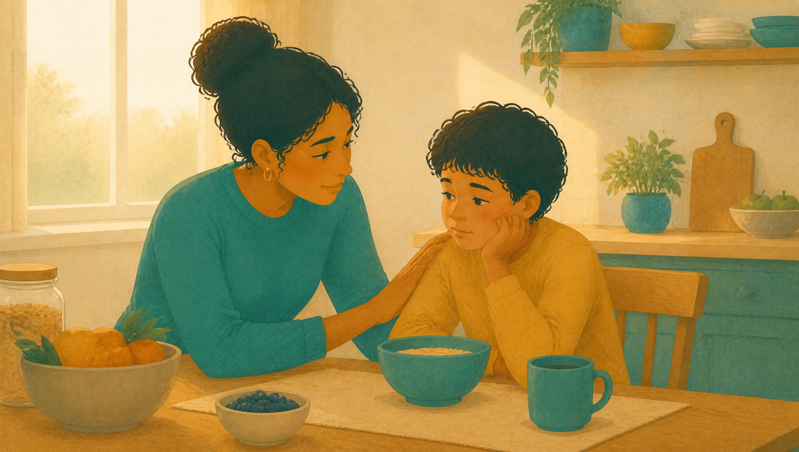 A woman in a teal jumper rests a hand on a boy's arm at a kitchen table, both leaning close, a bowl of cereal and mug before him.