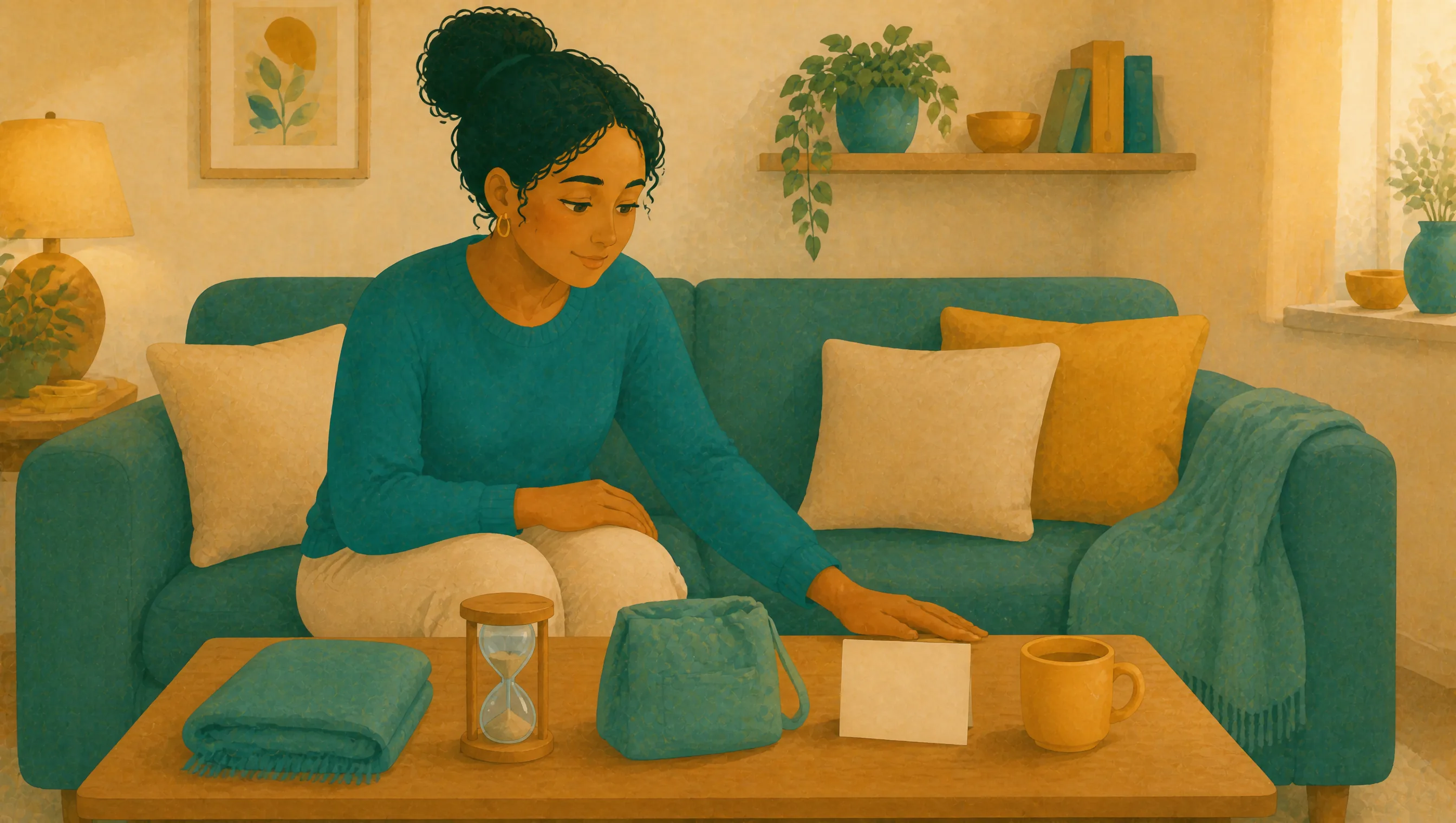 A woman sitting on a teal sofa reaching towards a coffee table holding a folded blanket, sand timer, drawstring bag, blank card and mug.
