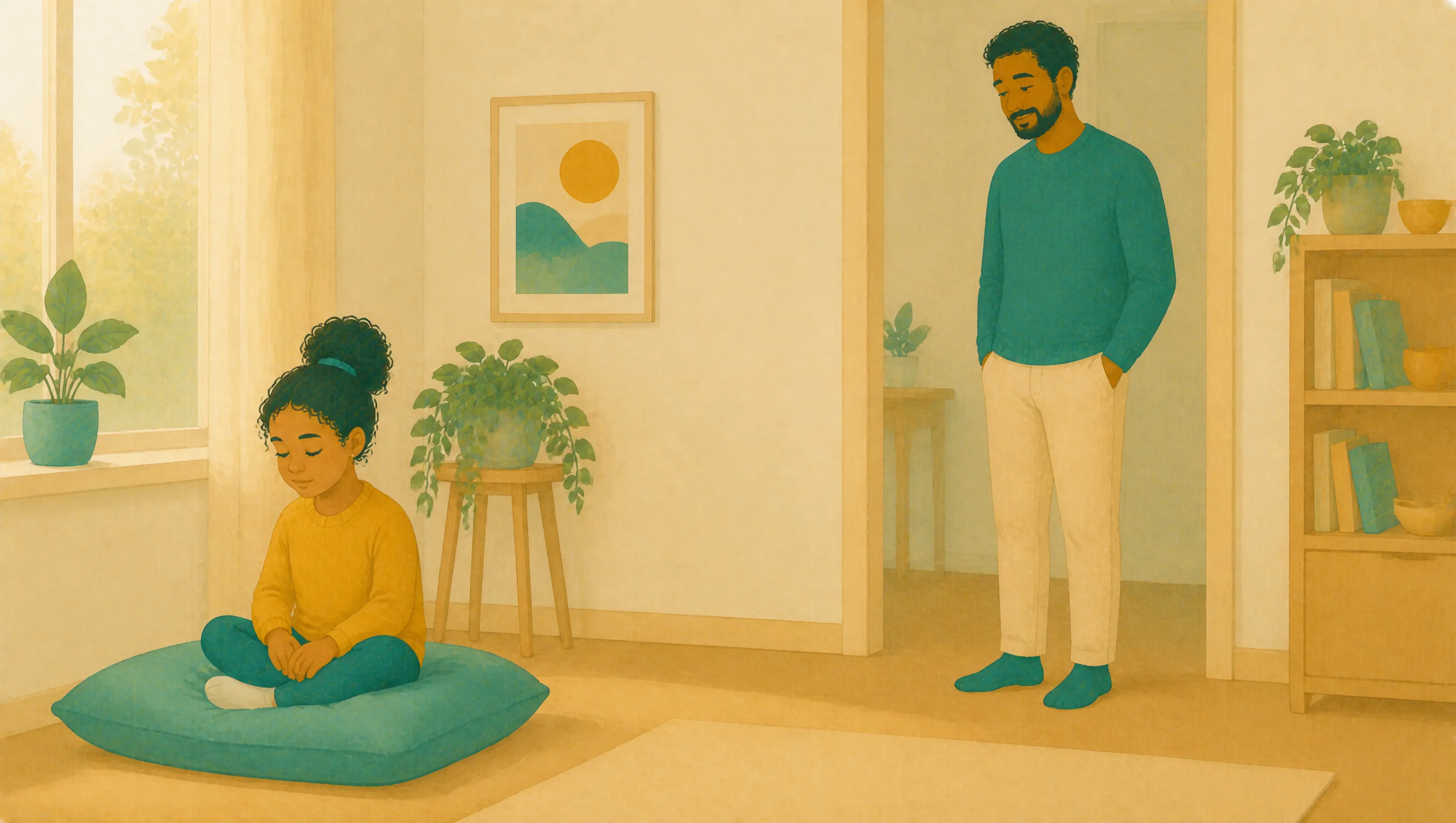 A girl sits on a floor cushion with her eyes lowered while her father waits at a distance in the doorway, giving her room rather than approaching.