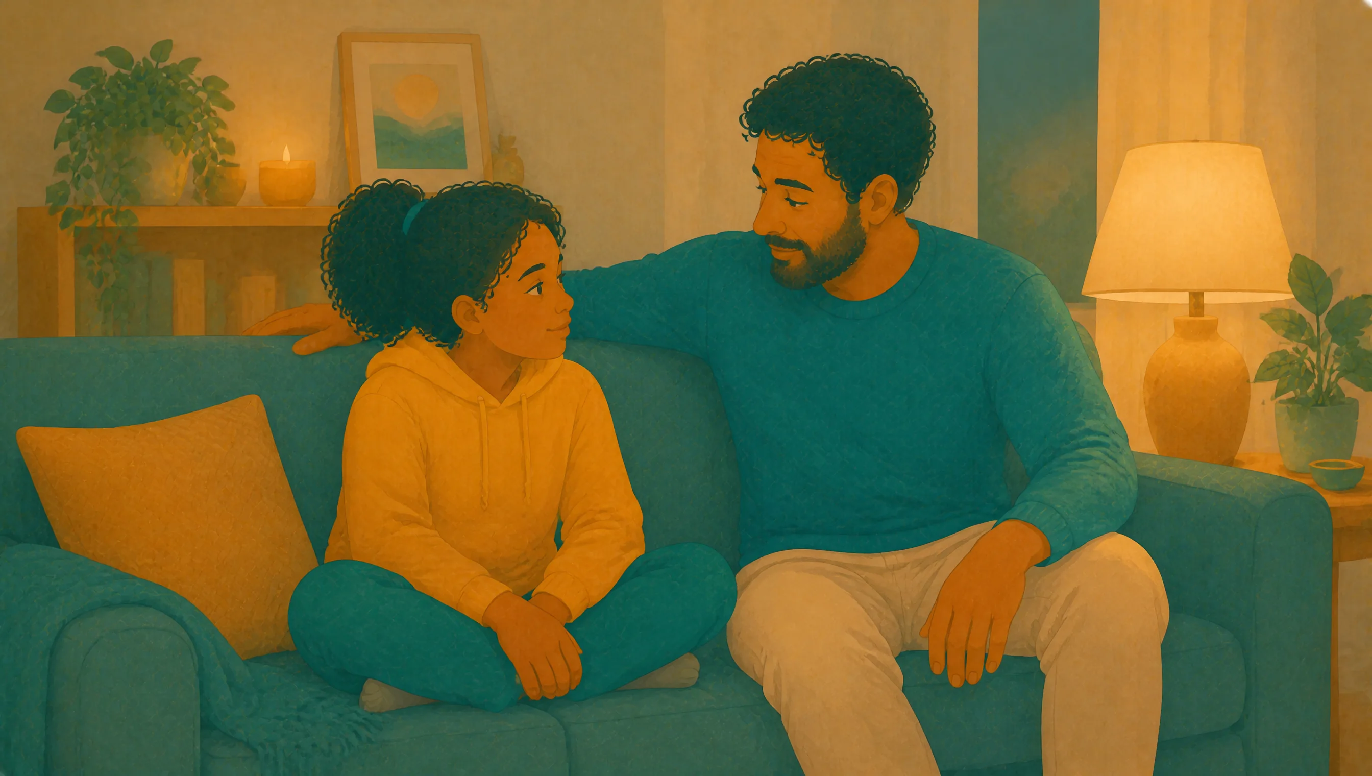 A father sits close to his daughter on a sofa, listening as they talk, with a lit candle and a framed picture on the shelf behind them.