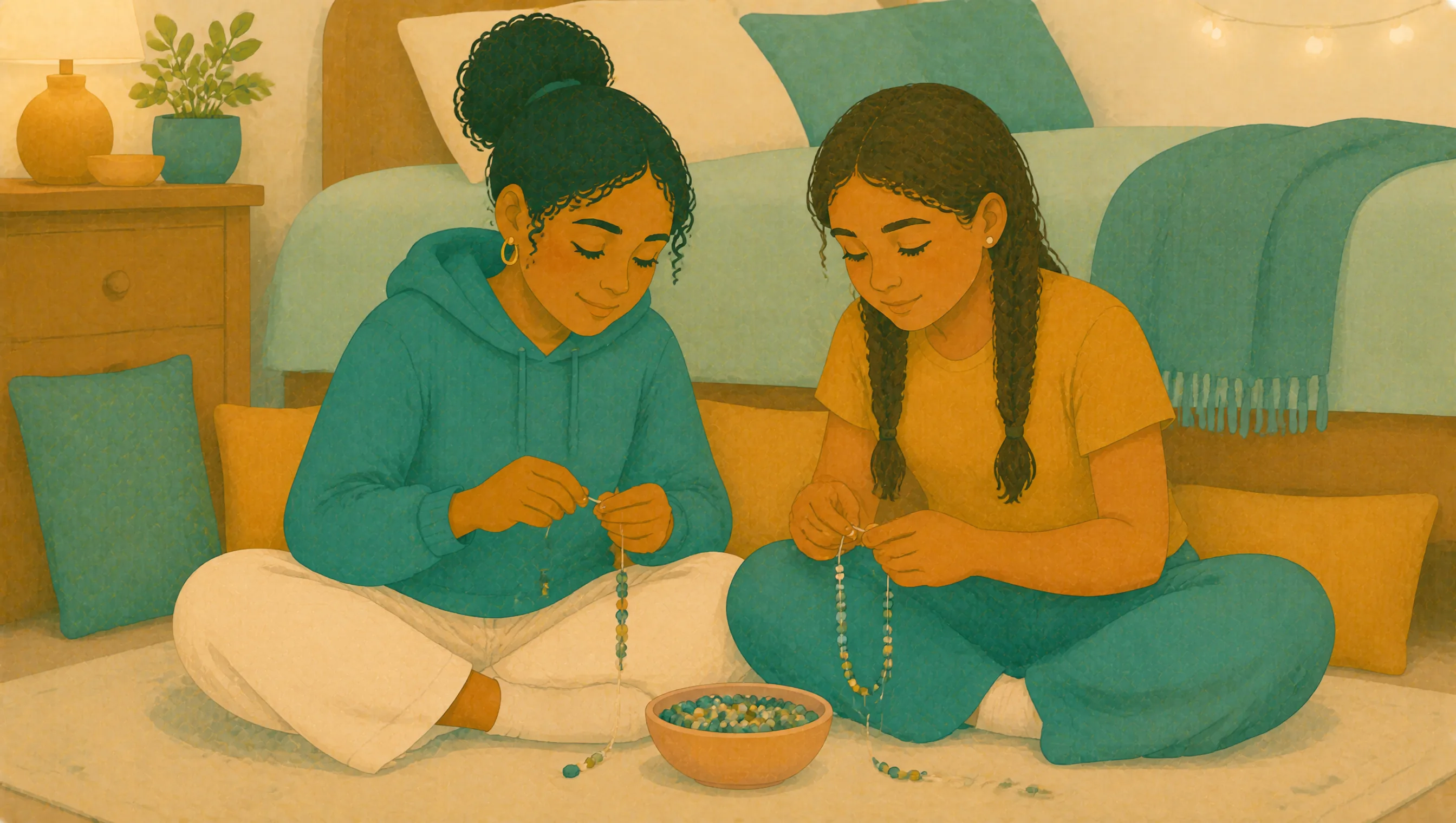Two girls sit cross-legged on a bedroom floor, each threading beads from a shared bowl.