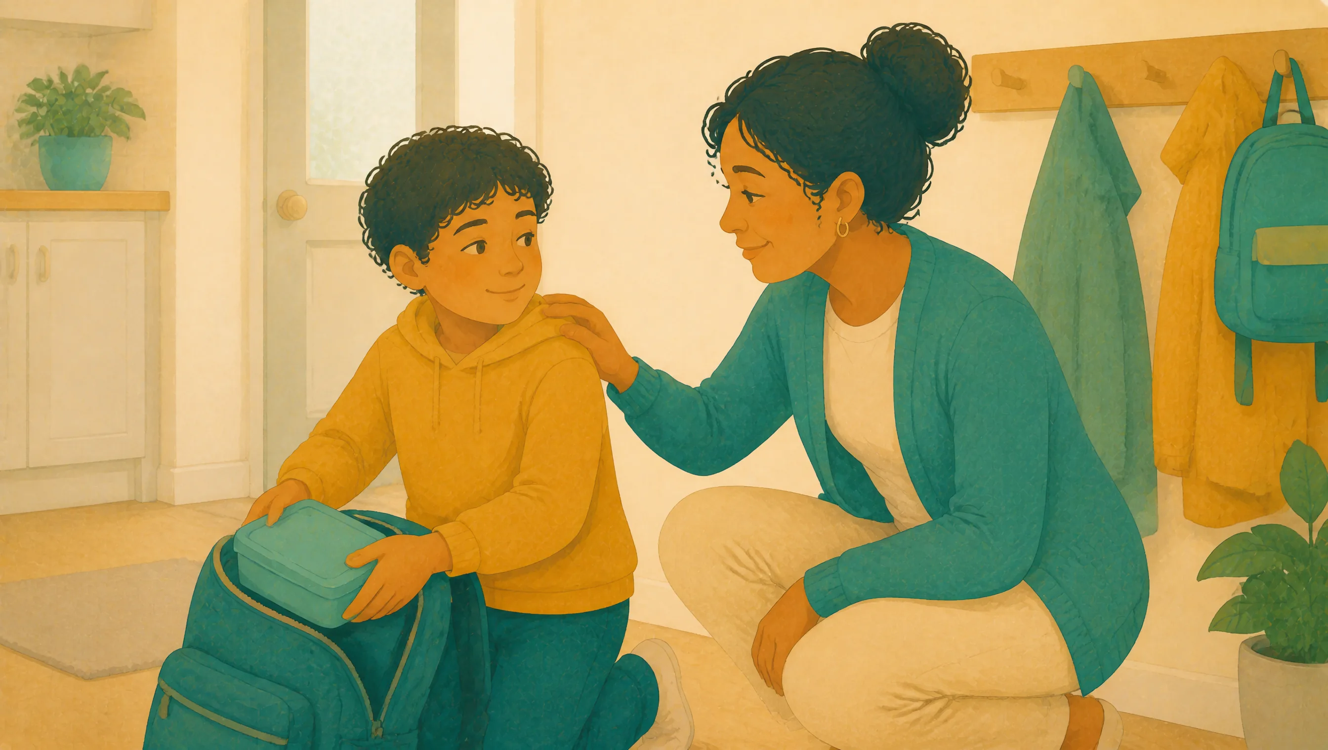 An adult kneeling beside a child in a hallway, hand on his shoulder, both smiling as he packs a lunchbox into an open backpack near the front door.