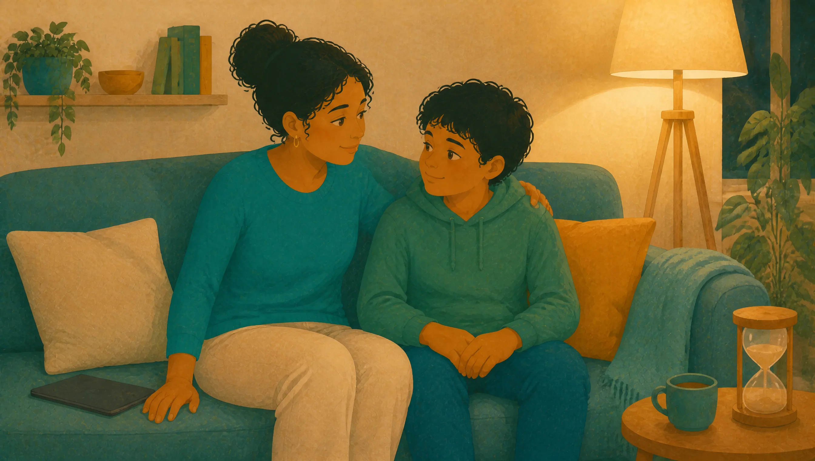 A woman and a teenage boy sitting on a teal sofa in a living room, a dark tablet beside them and an hourglass and mug on a side table.