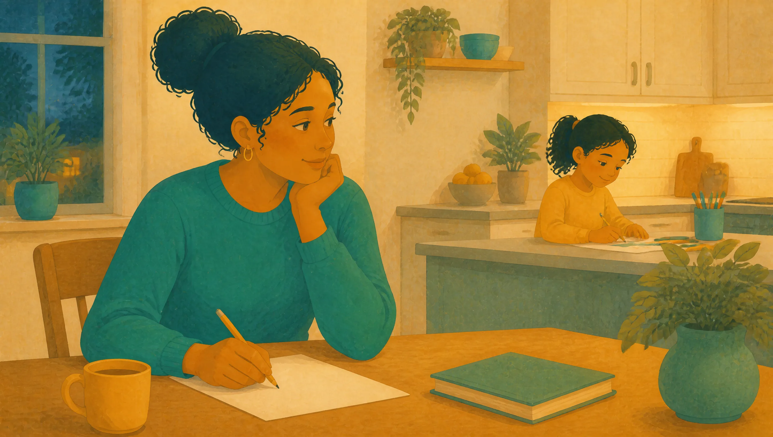 A woman resting her chin on her hand while writing at a kitchen table, a closed book and mug nearby, with a girl colouring at the counter behind.