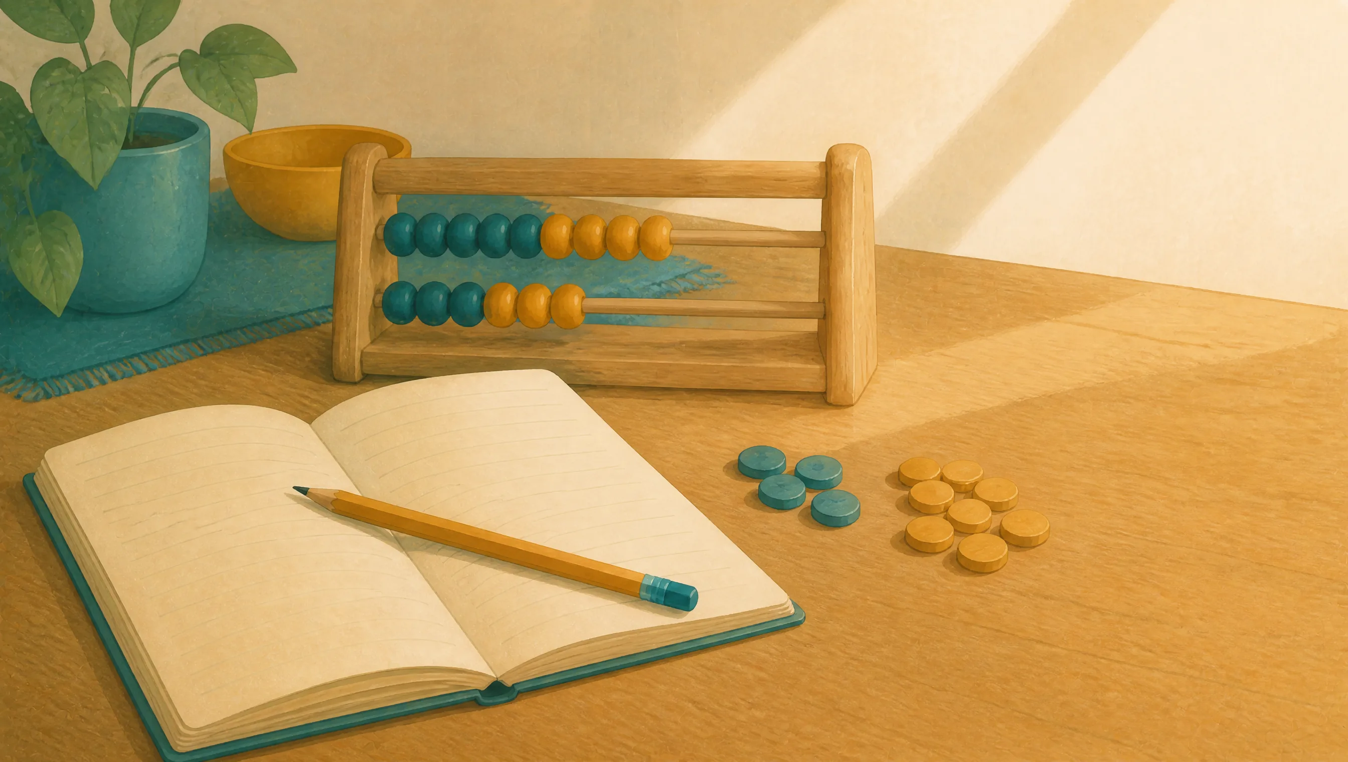 An open lined notebook with a pencil across the page, a wooden bead frame with teal and amber beads, and loose counters grouped on a sunlit table.